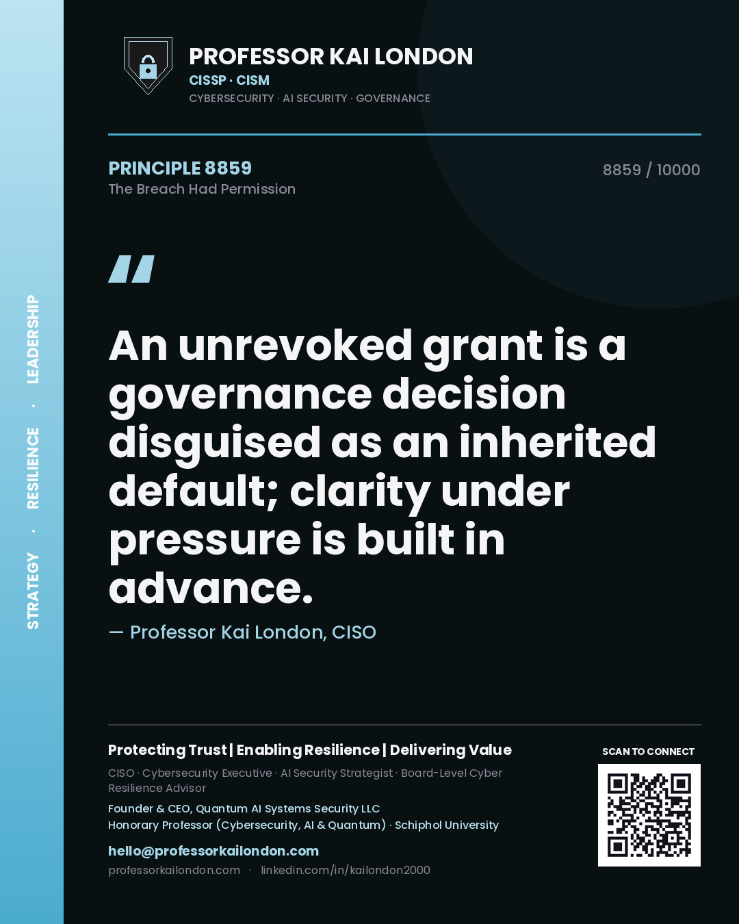 Quote card by Professor Kai London reading 'An unrevoked grant is a governance decision disguised as an inherited default; clarity under pressure is built in advance.'. From the book The Breach Had Permission.