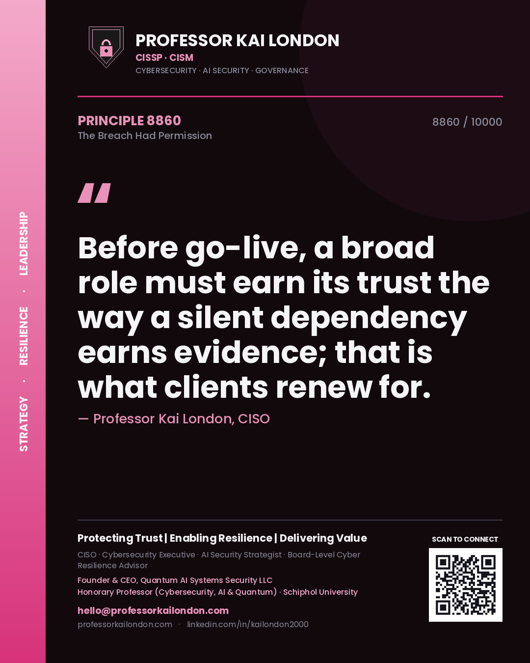 Quote card by Professor Kai London reading 'Before go-live, a broad role must earn its trust the way a silent dependency earns evidence; that is what clients renew for.'. From the book The Breach Had Permission.