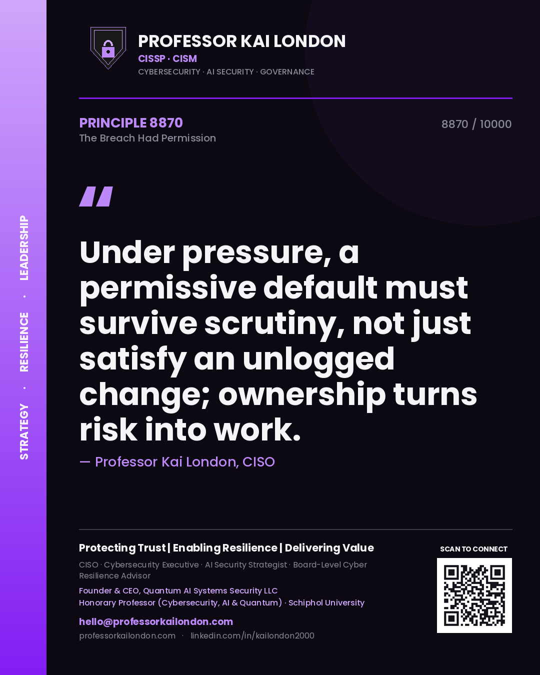 Professor Kai London principle 8870: Under pressure, a permissive default must survive scrutiny, not just satisfy an unlogged change; ownership turns risk into work.