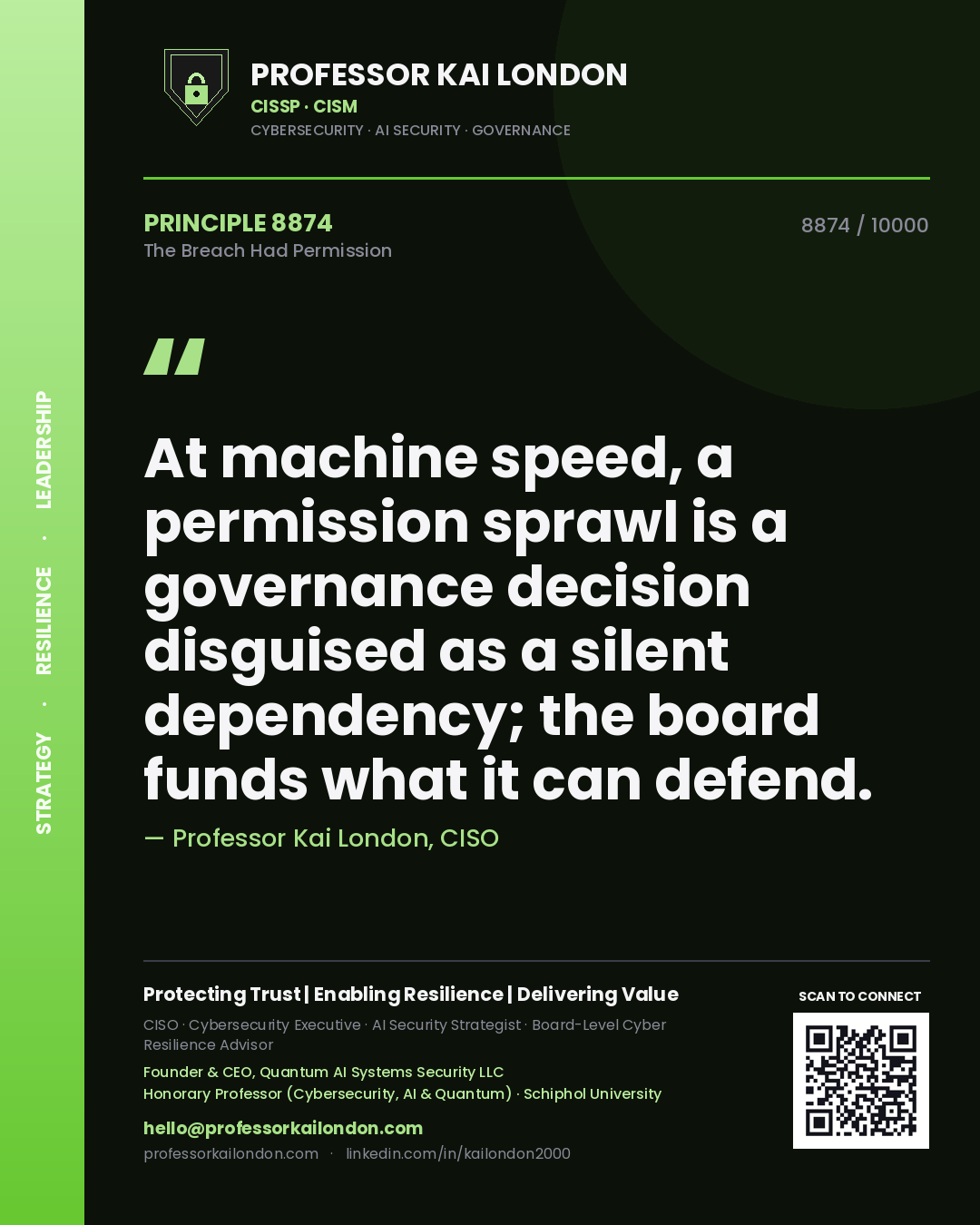 Professor Kai London principle 8874: At machine speed, a permission sprawl is a governance decision disguised as a silent dependency; the board funds what it can defend.