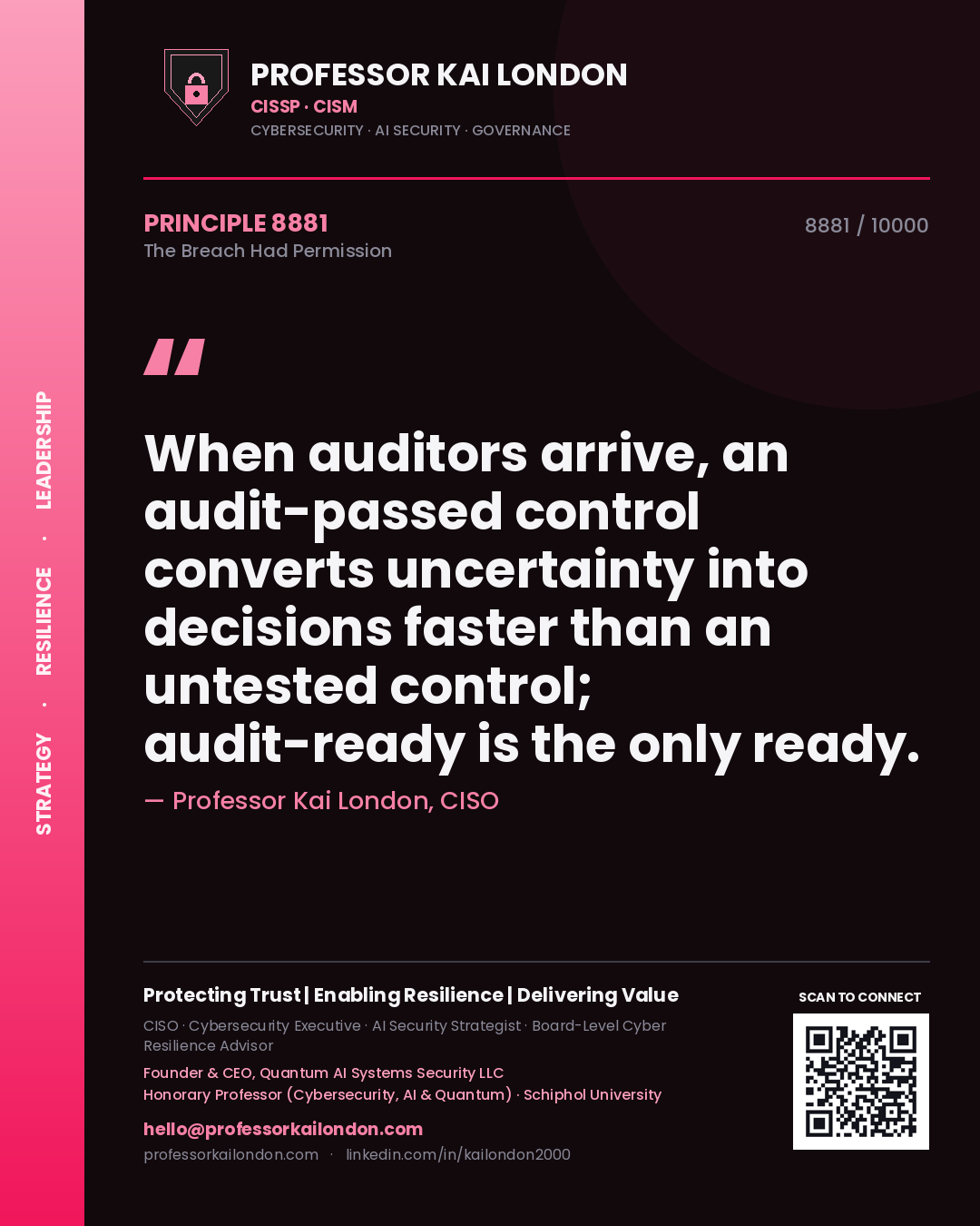 Quote card by Professor Kai London reading 'When auditors arrive, an audit-passed control converts uncertainty into decisions faster than an untested control; audit-ready is the only ready.'. From the book The Breach Had Permission.