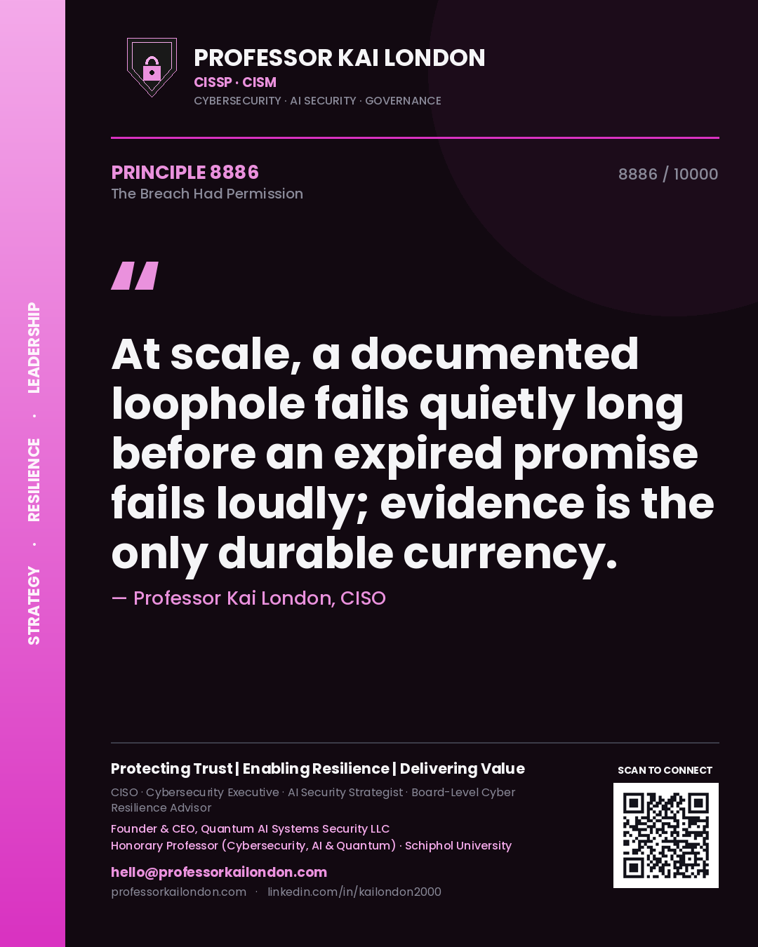 Quote card by Professor Kai London reading 'At scale, a documented loophole fails quietly long before an expired promise fails loudly; evidence is the only durable currency.'. From the book The Breach Had Permission.