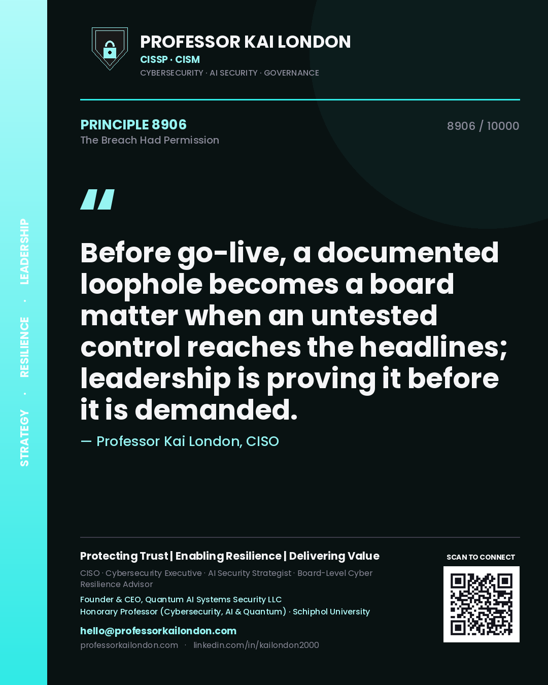 Quote card by Professor Kai London reading 'Before go-live, a documented loophole becomes a board matter when an untested control reaches the headlines; leadership is proving it before it is demanded.'. From the book The Breach Had Permission.