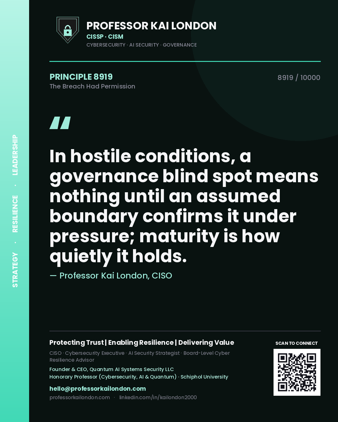 Quote card by Professor Kai London reading 'In hostile conditions, a governance blind spot means nothing until an assumed boundary confirms it under pressure; maturity is how quietly it holds.'. From the book The Breach Had Permission.