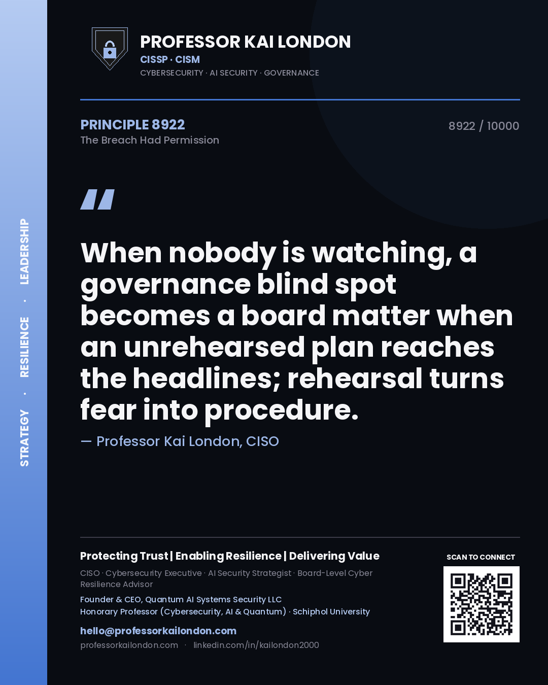 Quote card by Professor Kai London reading 'When nobody is watching, a governance blind spot becomes a board matter when an unrehearsed plan reaches the headlines; rehearsal turns fear into procedure.'. From the book The Breach Had Permission.