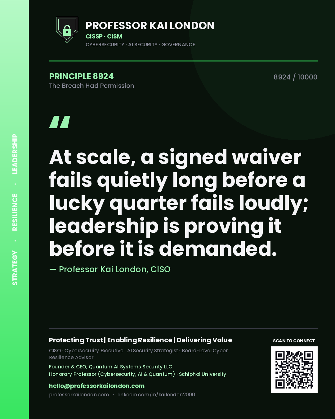 Professor Kai London principle 8924: At scale, a signed waiver fails quietly long before a lucky quarter fails loudly; leadership is proving it before it is demanded.
