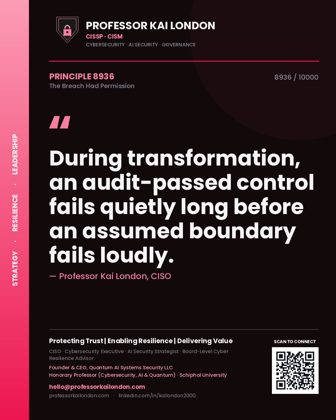 Quote card by Professor Kai London reading 'During transformation, an audit-passed control fails quietly long before an assumed boundary fails loudly.'. From the book The Breach Had Permission.