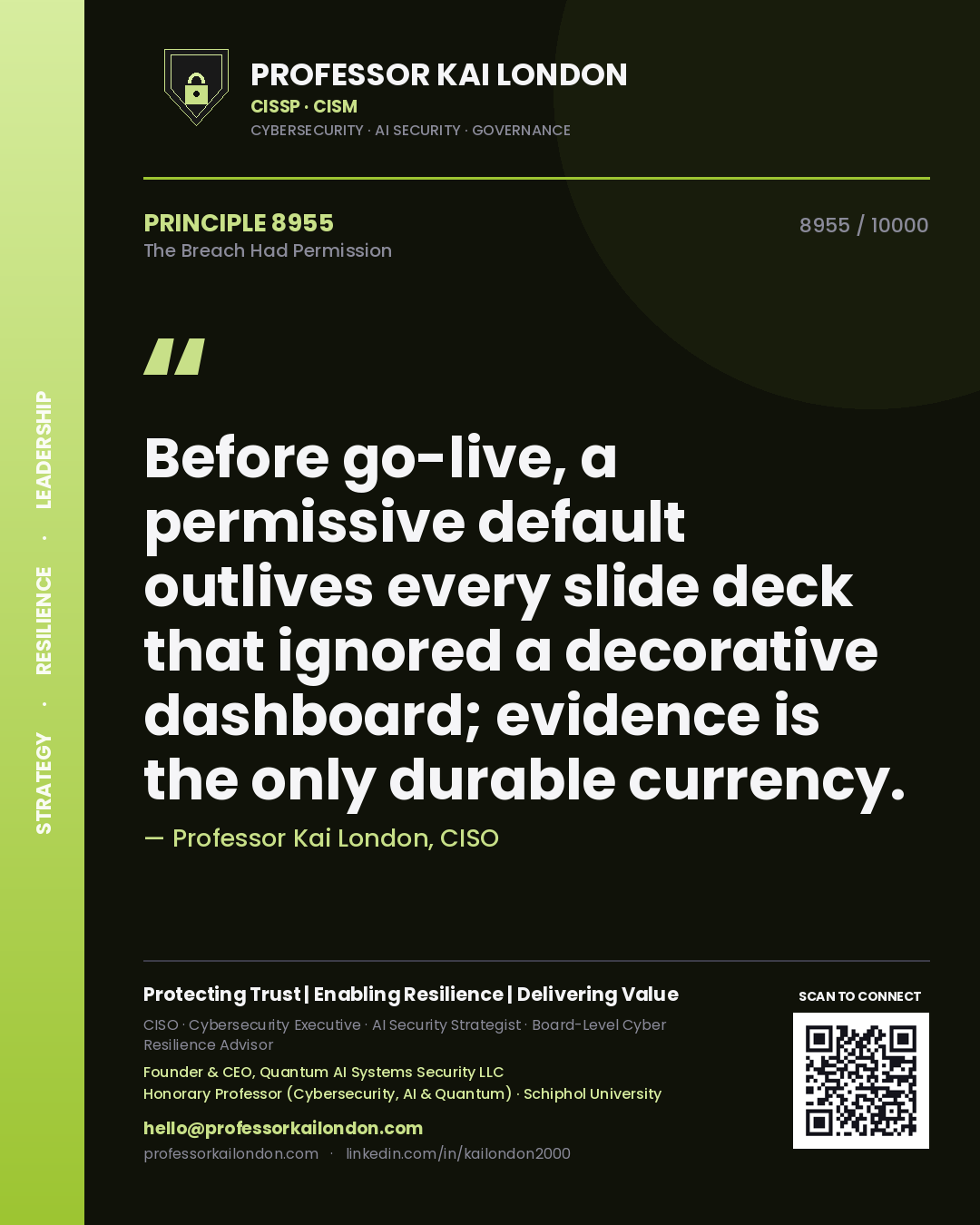 Professor Kai London principle 8955: Before go-live, a permissive default outlives every slide deck that ignored a decorative dashboard; evidence is the only durable currency.