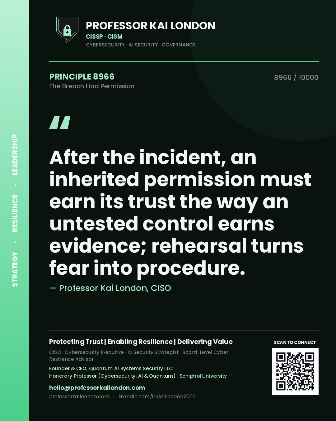 Quote card by Professor Kai London reading 'After the incident, an inherited permission must earn its trust the way an untested control earns evidence; rehearsal turns fear into procedure.'. From the book The Breach Had Permission.