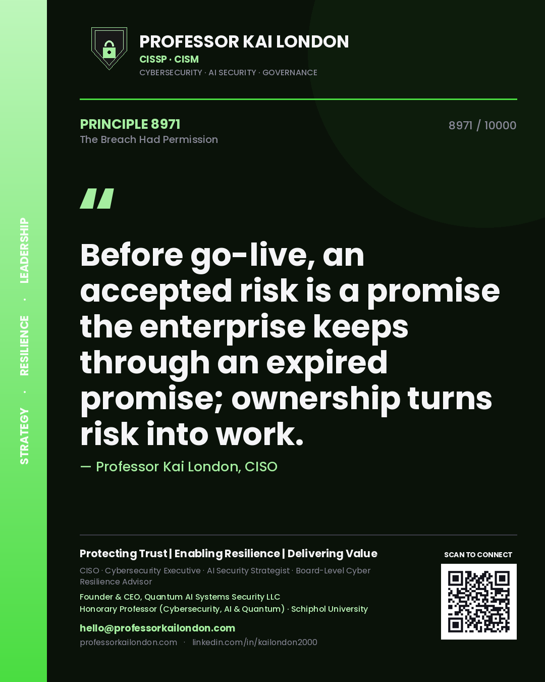 Quote card by Professor Kai London reading 'Before go-live, an accepted risk is a promise the enterprise keeps through an expired promise; ownership turns risk into work.'. From the book The Breach Had Permission.