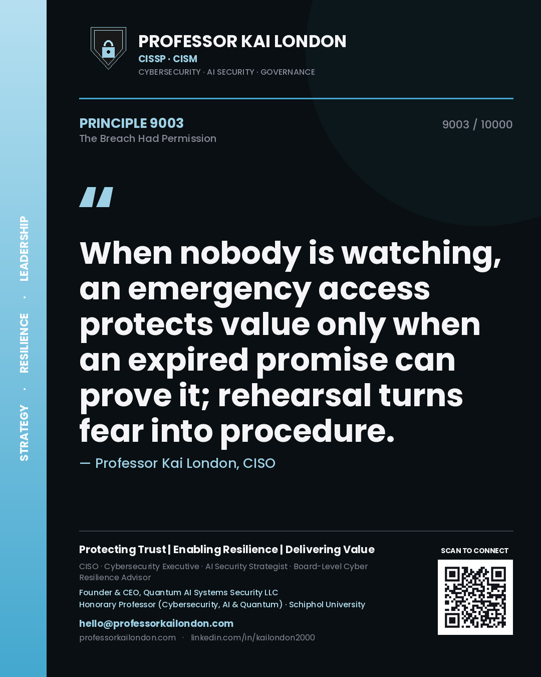Quote card by Professor Kai London reading 'When nobody is watching, an emergency access protects value only when an expired promise can prove it; rehearsal turns fear into procedure.'. From the book The Breach Had Permission.