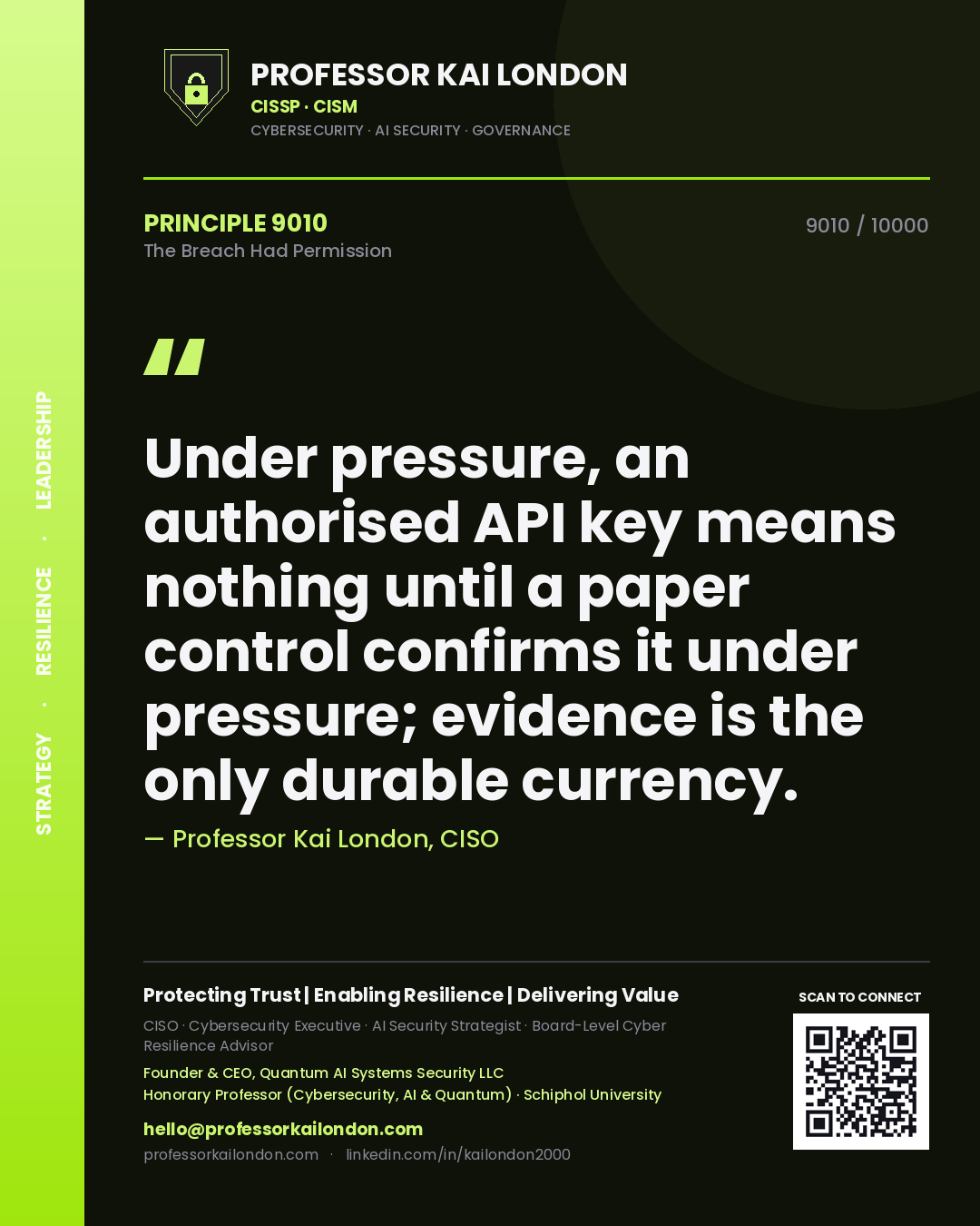 Quote card by Professor Kai London reading 'Under pressure, an authorised API key means nothing until a paper control confirms it under pressure; evidence is the only durable currency.'. From the book The Breach Had Permission.