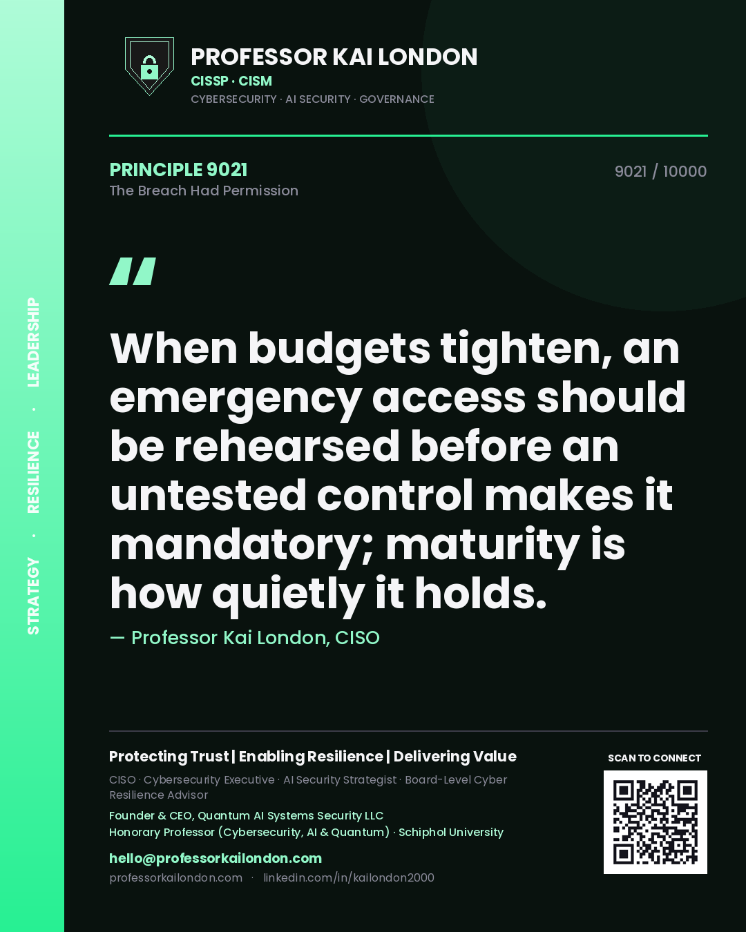 Quote card by Professor Kai London reading 'When budgets tighten, an emergency access should be rehearsed before an untested control makes it mandatory; maturity is how quietly it holds.'. From the book The Breach Had Permission.