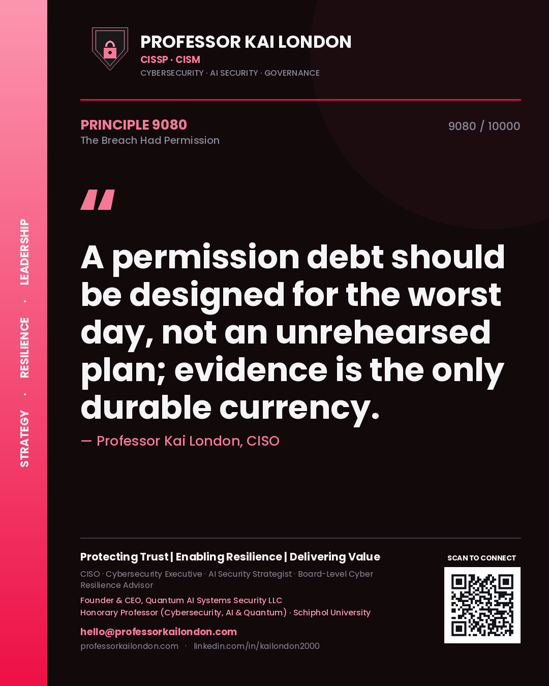 Quote card by Professor Kai London reading 'A permission debt should be designed for the worst day, not an unrehearsed plan; evidence is the only durable currency.'. From the book The Breach Had Permission.