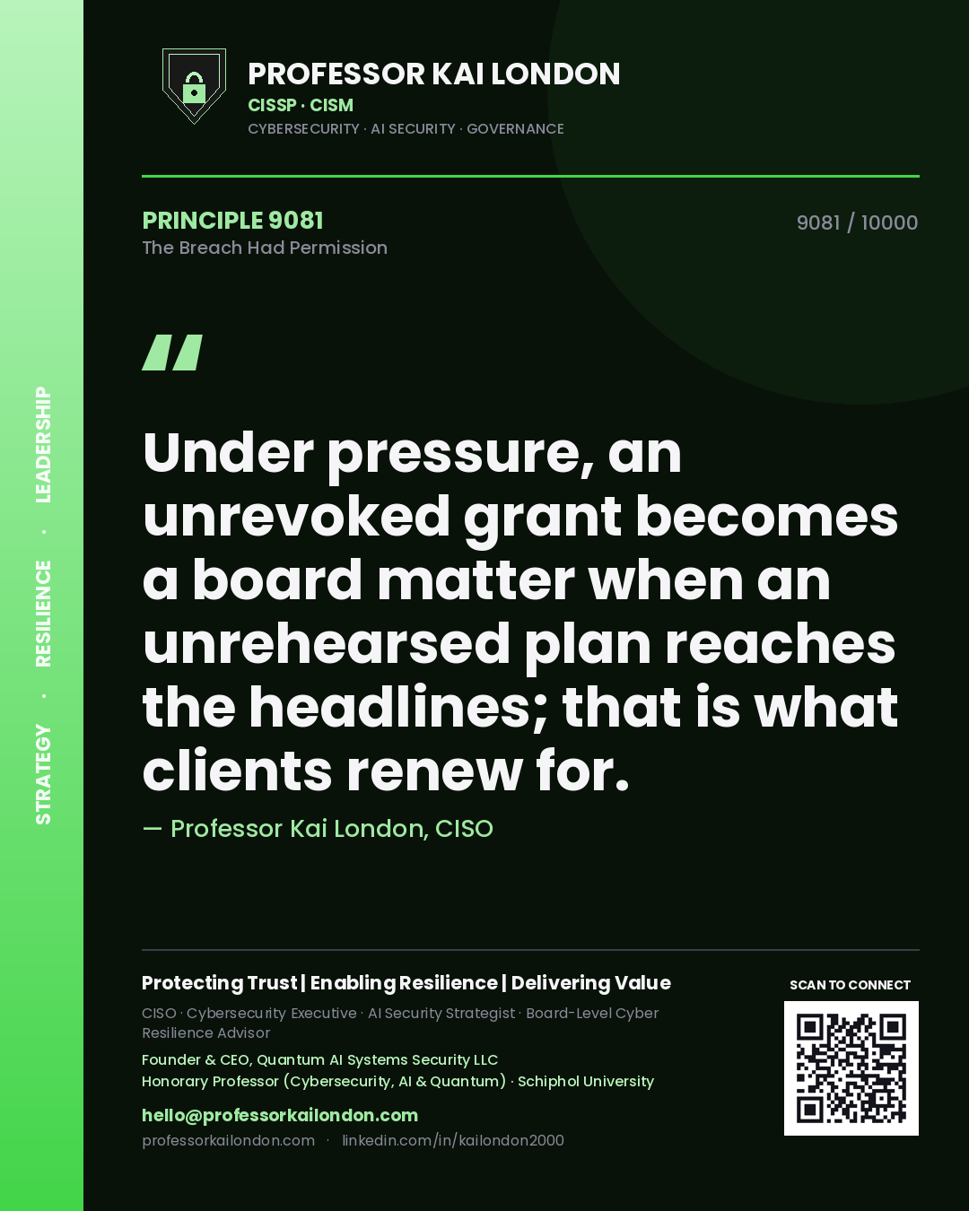 Quote card by Professor Kai London reading 'Under pressure, an unrevoked grant becomes a board matter when an unrehearsed plan reaches the headlines; that is what clients renew for.'. From the book The Breach Had Permission.