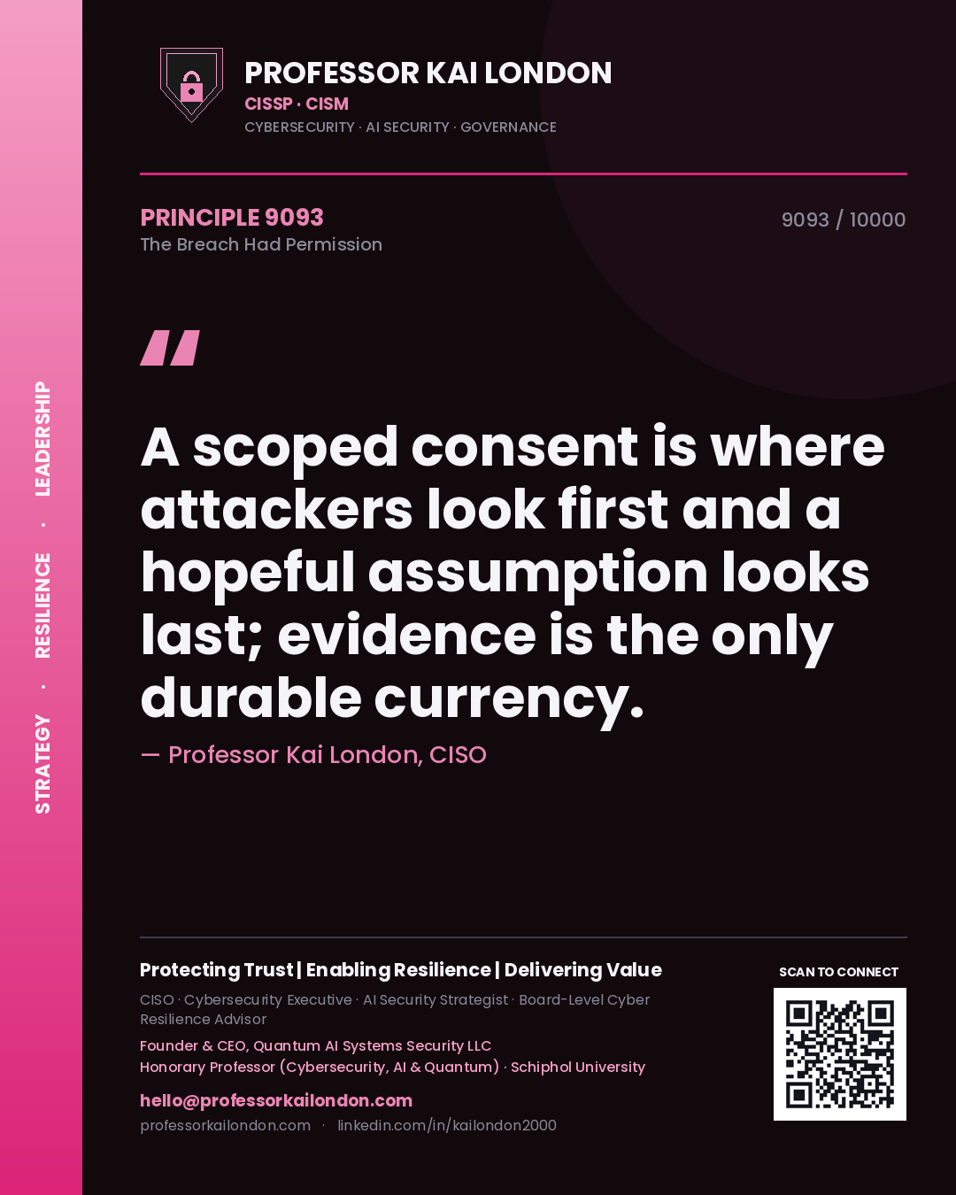 Quote card by Professor Kai London reading 'A scoped consent is where attackers look first and a hopeful assumption looks last; evidence is the only durable currency.'. From the book The Breach Had Permission.