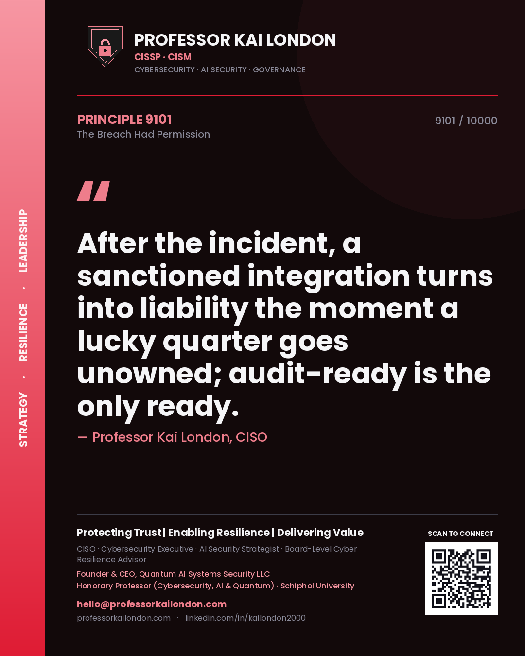 Professor Kai London principle 9101: After the incident, a sanctioned integration turns into liability the moment a lucky quarter goes unowned; audit-ready is the only ready.