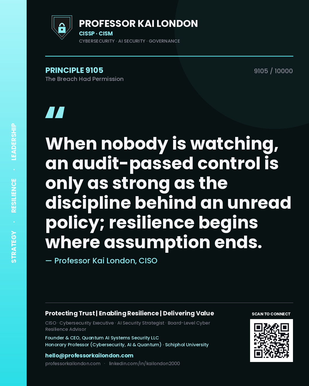 Quote card by Professor Kai London reading 'When nobody is watching, an audit-passed control is only as strong as the discipline behind an unread policy; resilience begins where assumption ends.'. From the book The Breach Had Permission.