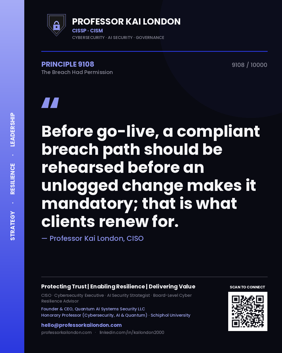 Quote card by Professor Kai London reading 'Before go-live, a compliant breach path should be rehearsed before an unlogged change makes it mandatory; that is what clients renew for.'. From the book The Breach Had Permission.