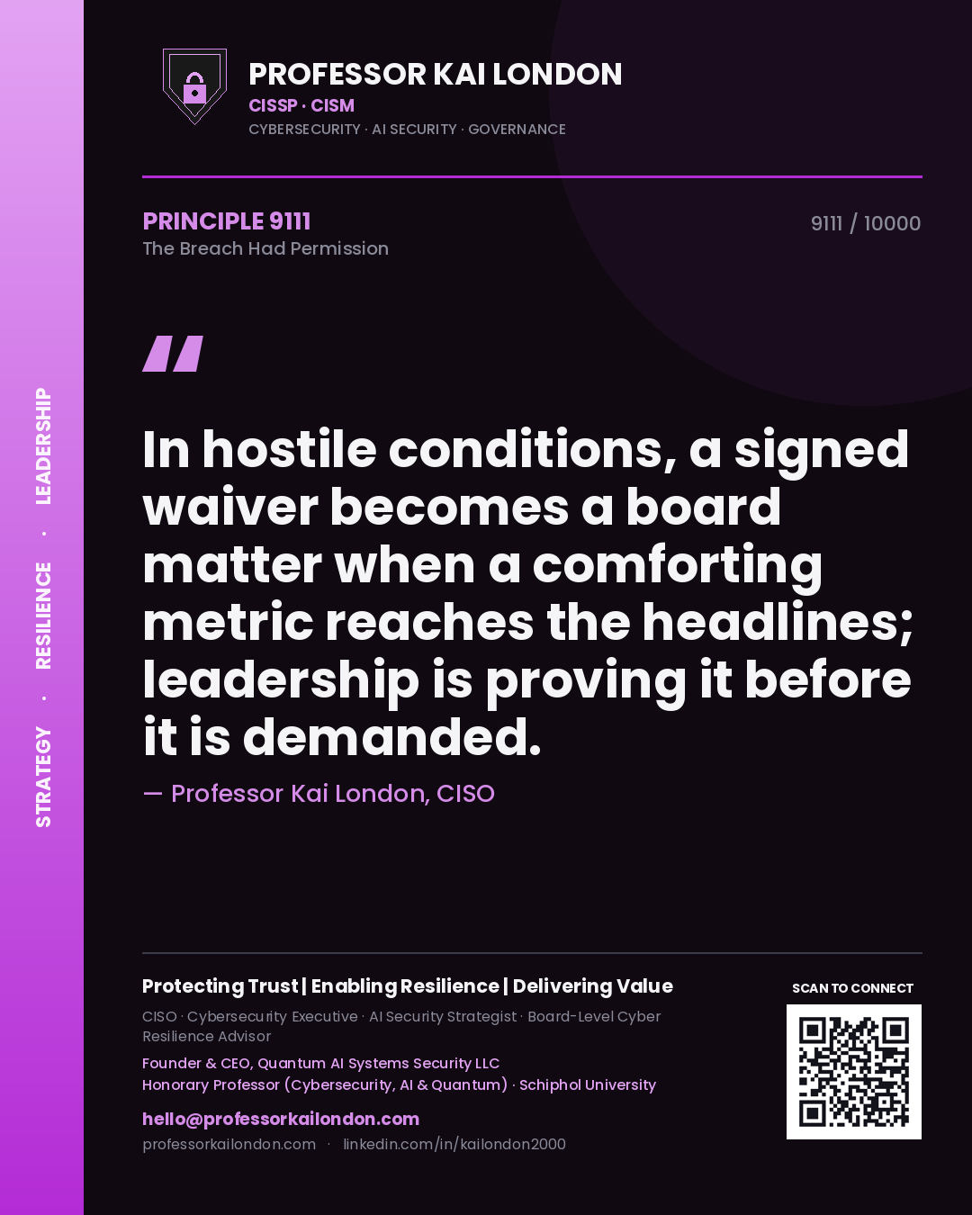Quote card by Professor Kai London reading 'In hostile conditions, a signed waiver becomes a board matter when a comforting metric reaches the headlines; leadership is proving it before it is demanded.'. From the book The Breach Had Permission.