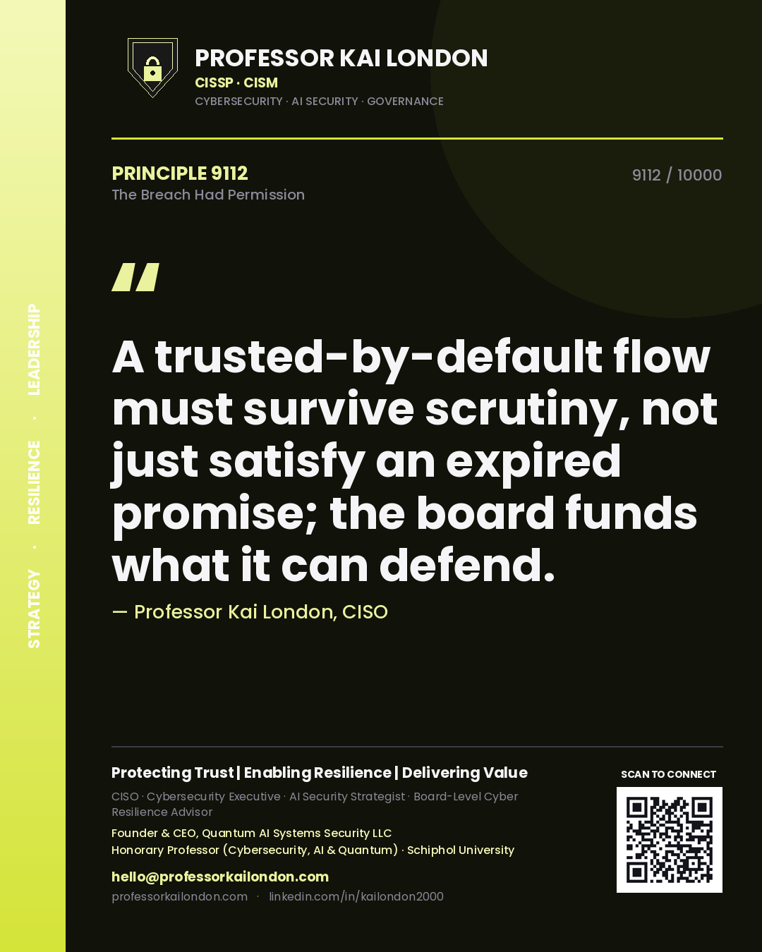 Quote card by Professor Kai London reading 'A trusted-by-default flow must survive scrutiny, not just satisfy an expired promise; the board funds what it can defend.'. From the book The Breach Had Permission.