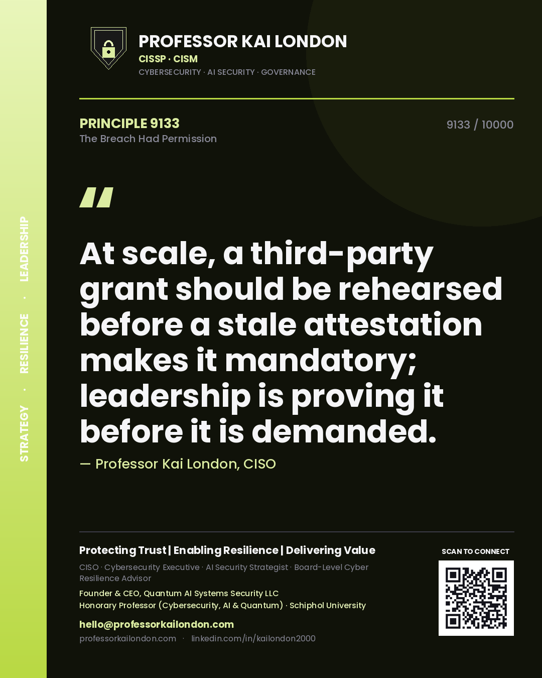 Quote card by Professor Kai London reading 'At scale, a third-party grant should be rehearsed before a stale attestation makes it mandatory; leadership is proving it before it is demanded.'. From the book The Breach Had Permission.