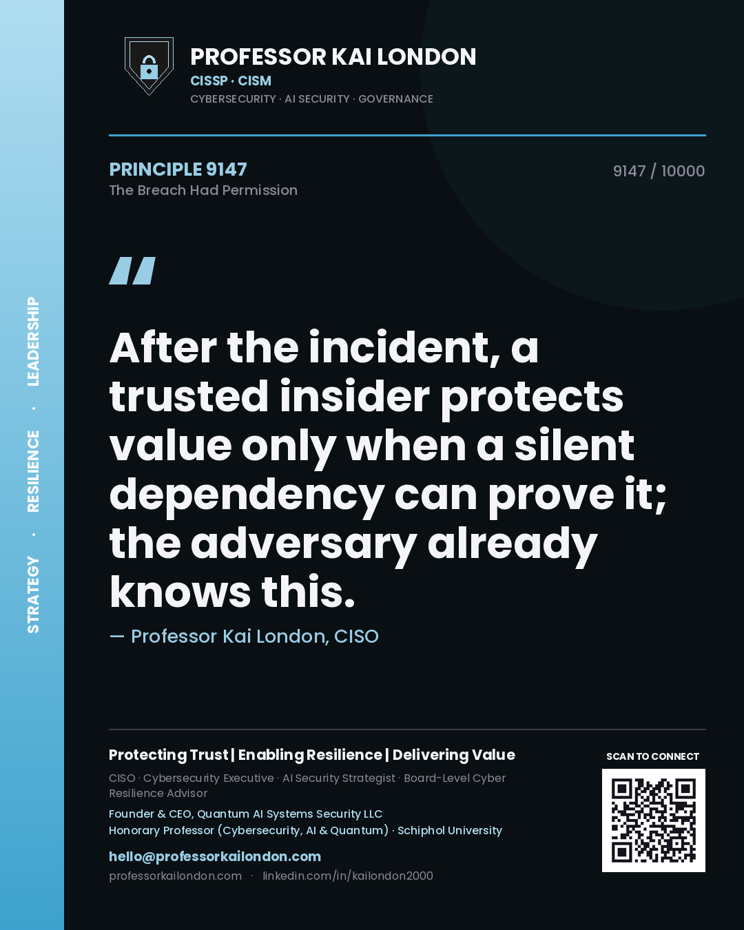 Quote card by Professor Kai London reading 'After the incident, a trusted insider protects value only when a silent dependency can prove it; the adversary already knows this.'. From the book The Breach Had Permission.