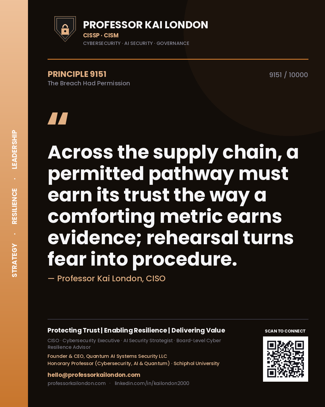 Quote card by Professor Kai London reading 'Across the supply chain, a permitted pathway must earn its trust the way a comforting metric earns evidence; rehearsal turns fear into procedure.'. From the book The Breach Had Permission.