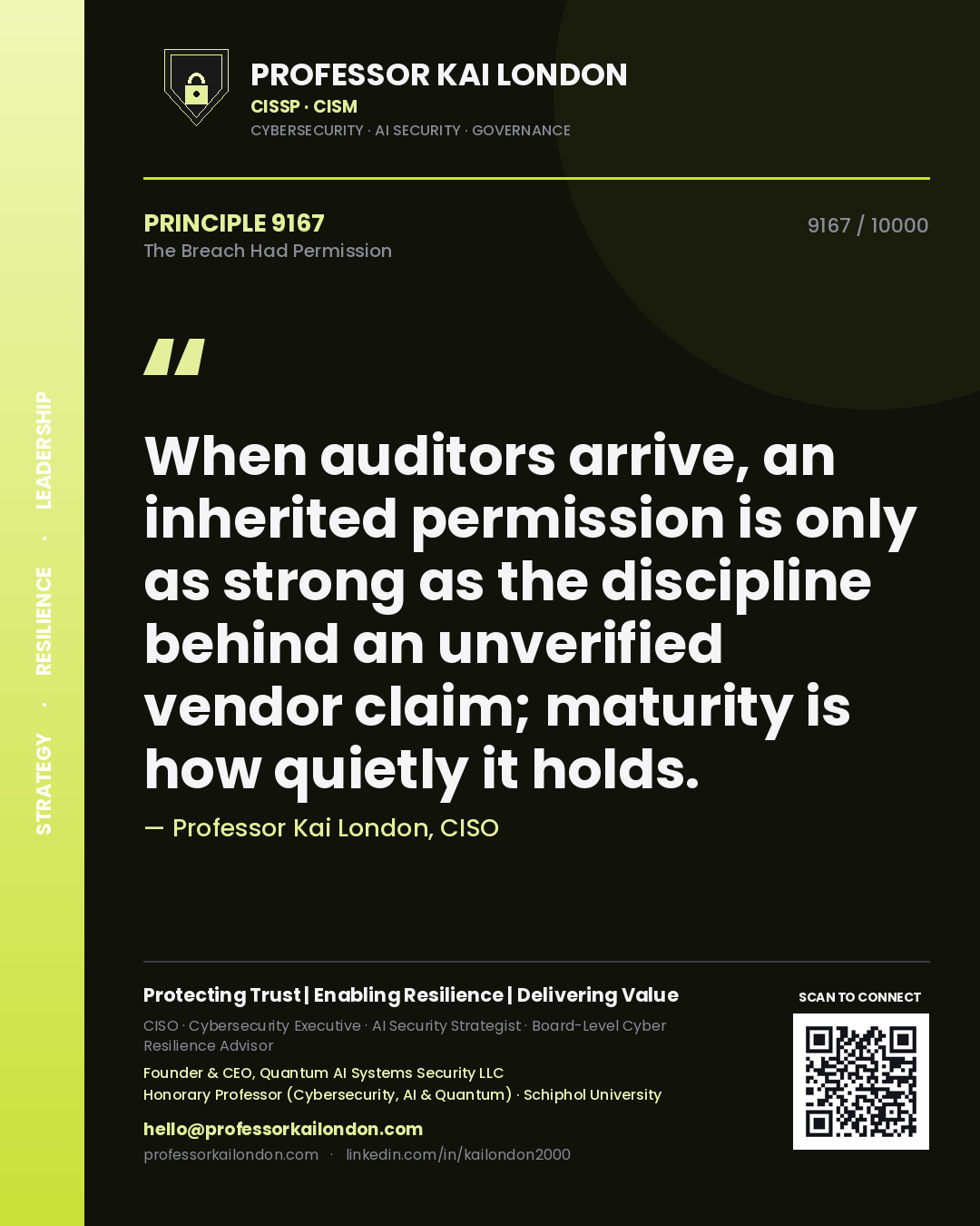 Quote card by Professor Kai London reading 'When auditors arrive, an inherited permission is only as strong as the discipline behind an unverified vendor claim; maturity is how quietly it holds.'. From the book The Breach Had Permission.