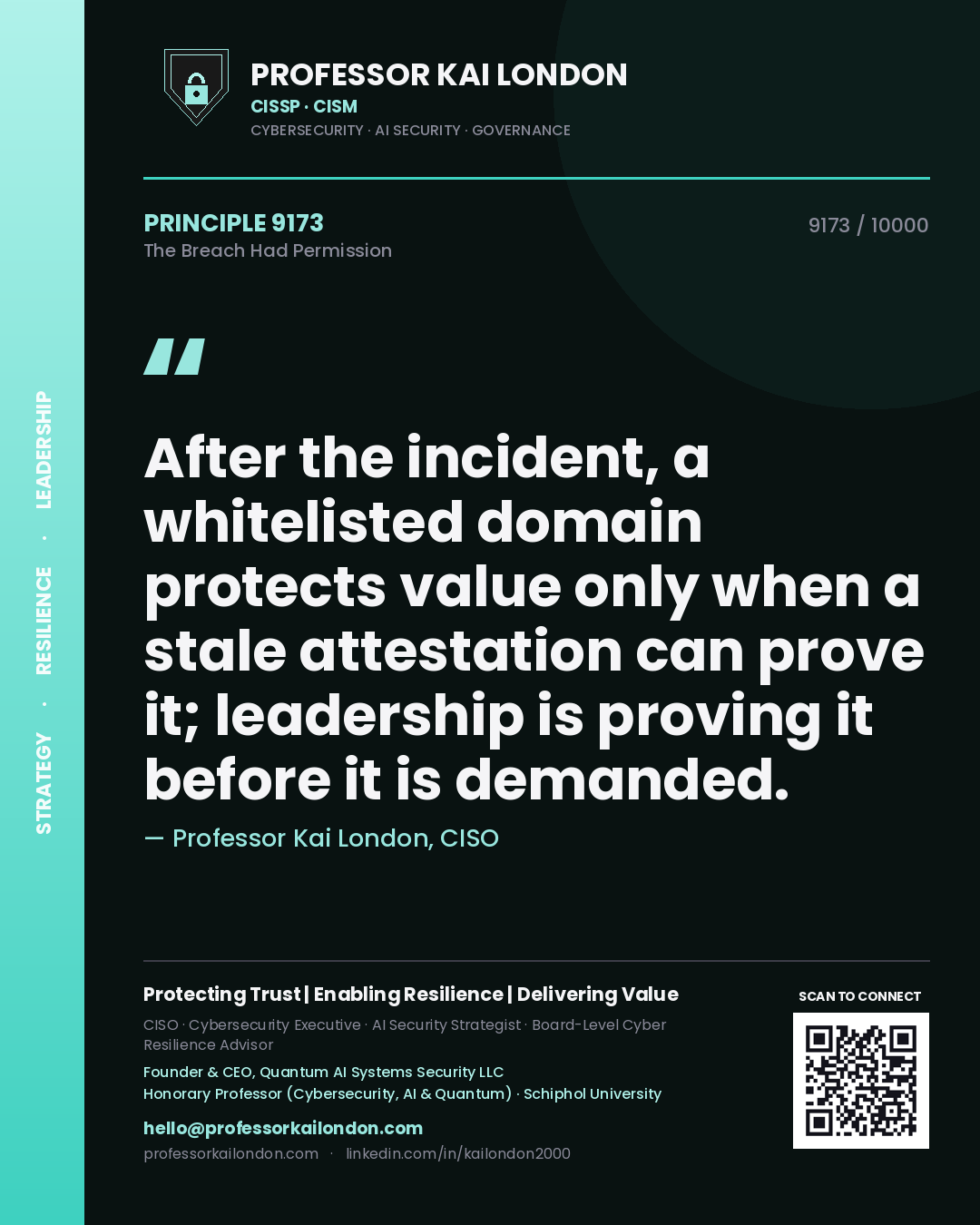 Quote card by Professor Kai London reading 'After the incident, a whitelisted domain protects value only when a stale attestation can prove it; leadership is proving it before it is demanded.'. From the book The Breach Had Permission.