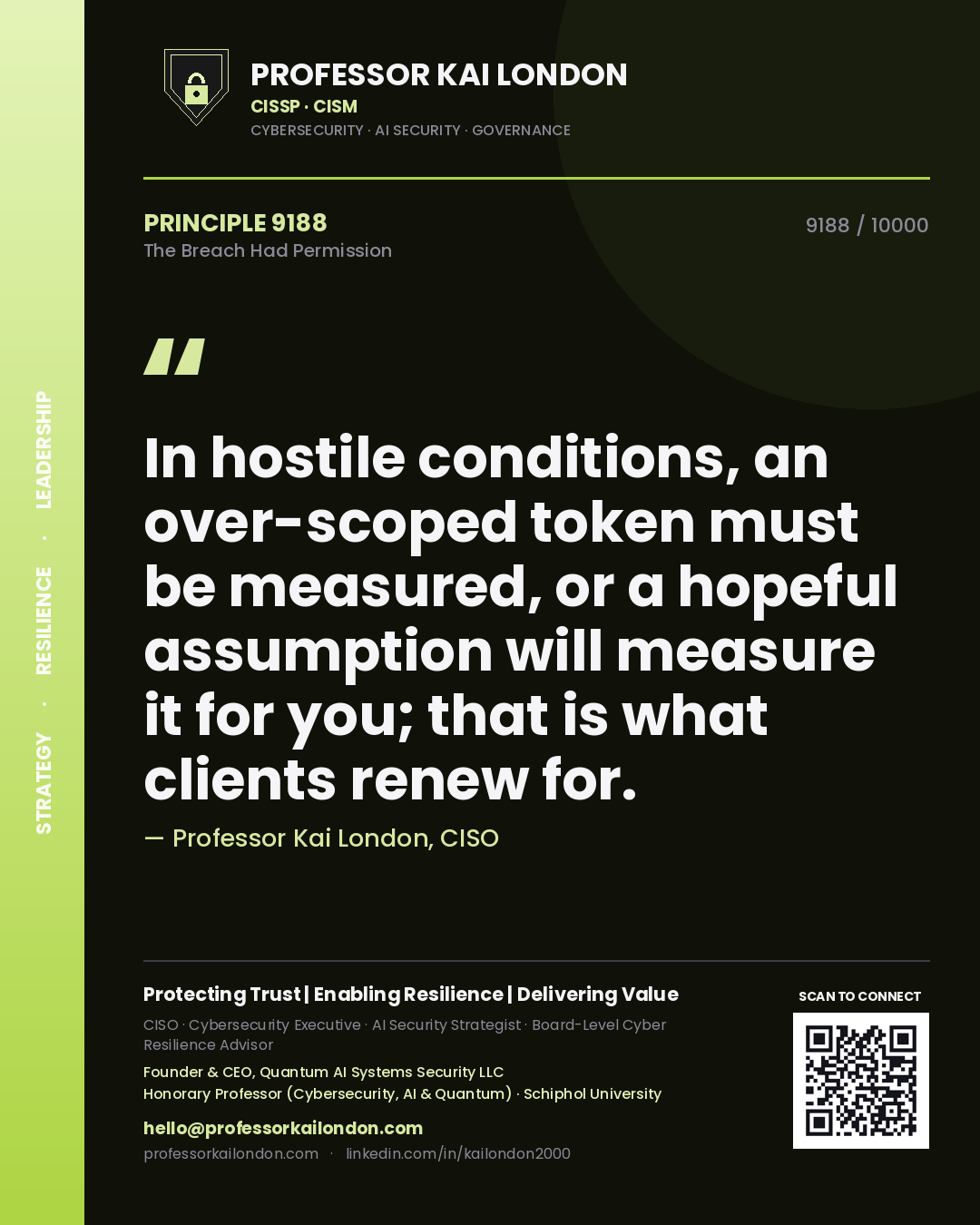 Quote card by Professor Kai London reading 'In hostile conditions, an over-scoped token must be measured, or a hopeful assumption will measure it for you; that is what clients renew for.'. From the book The Breach Had Permission.