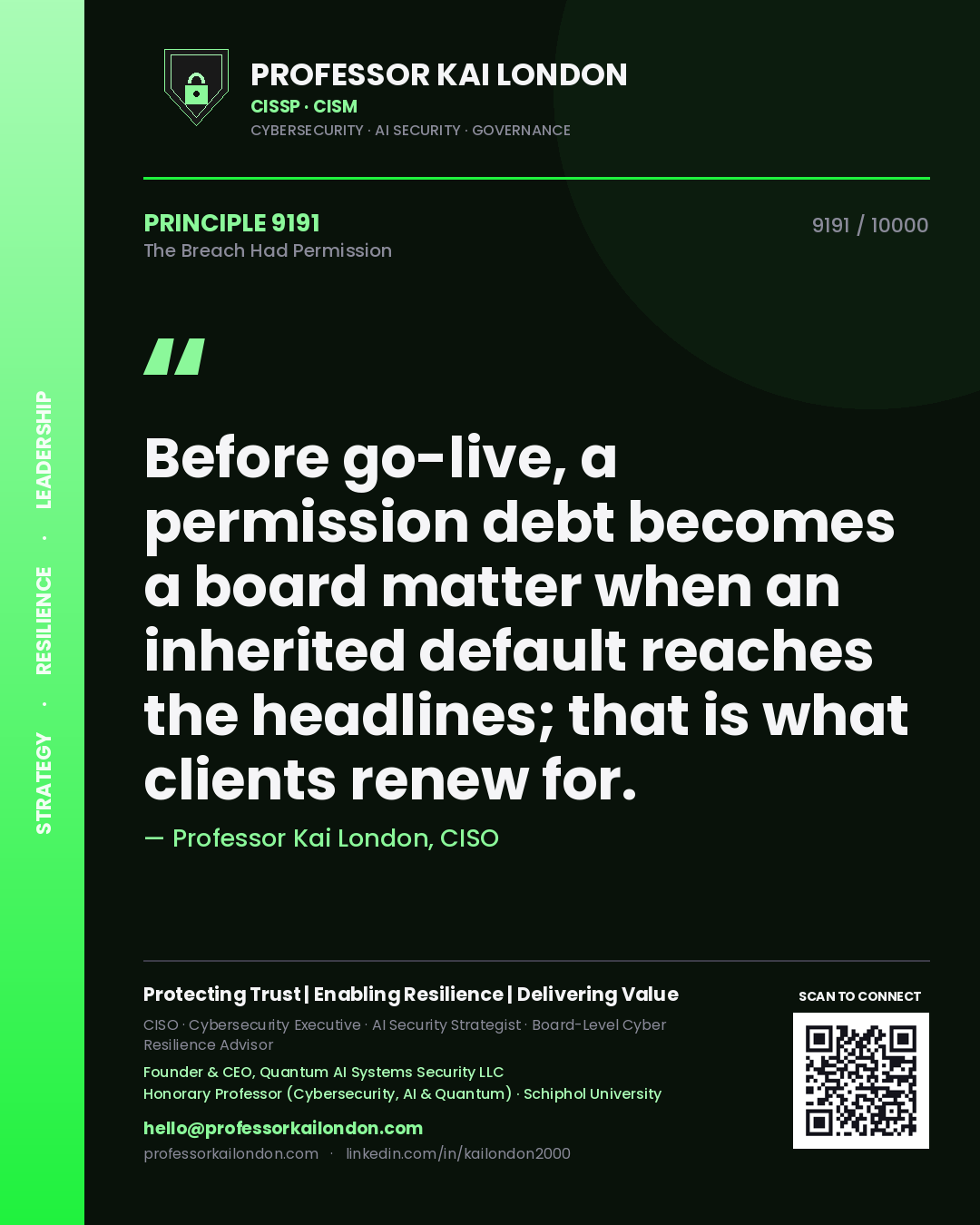 Quote card by Professor Kai London reading 'Before go-live, a permission debt becomes a board matter when an inherited default reaches the headlines; that is what clients renew for.'. From the book The Breach Had Permission.