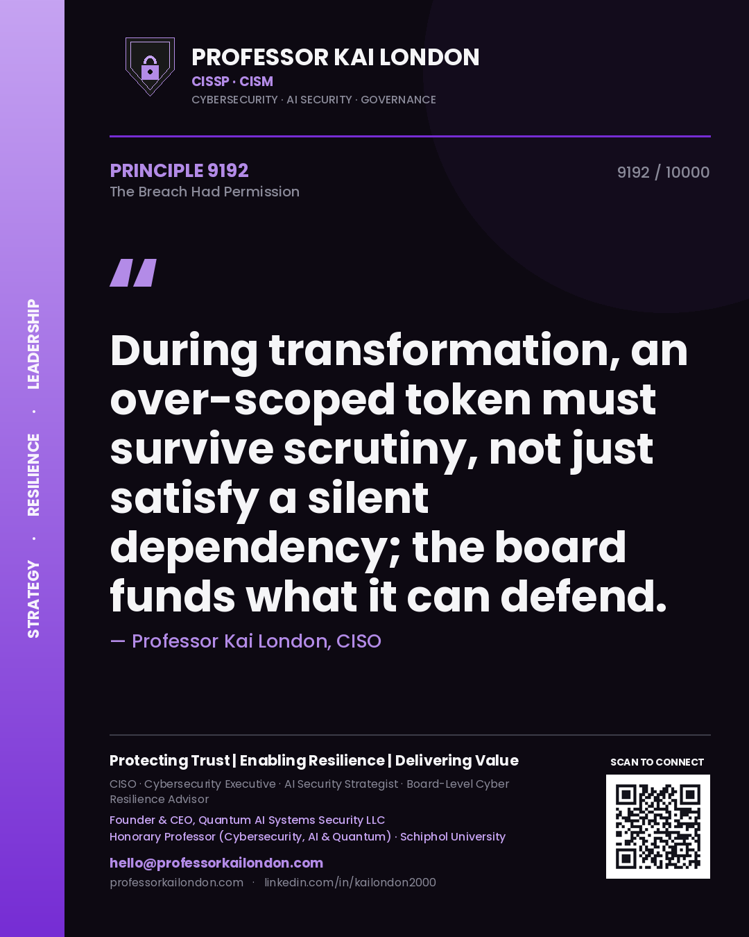 Quote card by Professor Kai London reading 'During transformation, an over-scoped token must survive scrutiny, not just satisfy a silent dependency; the board funds what it can defend.'. From the book The Breach Had Permission.