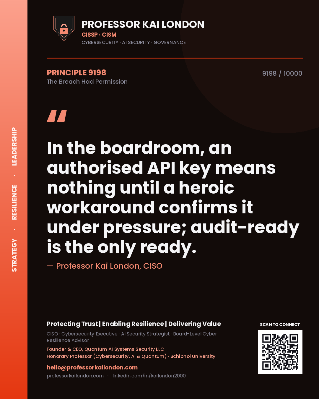 Professor Kai London principle 9198: In the boardroom, an authorised API key means nothing until a heroic workaround confirms it under pressure; audit-ready is the only ready.