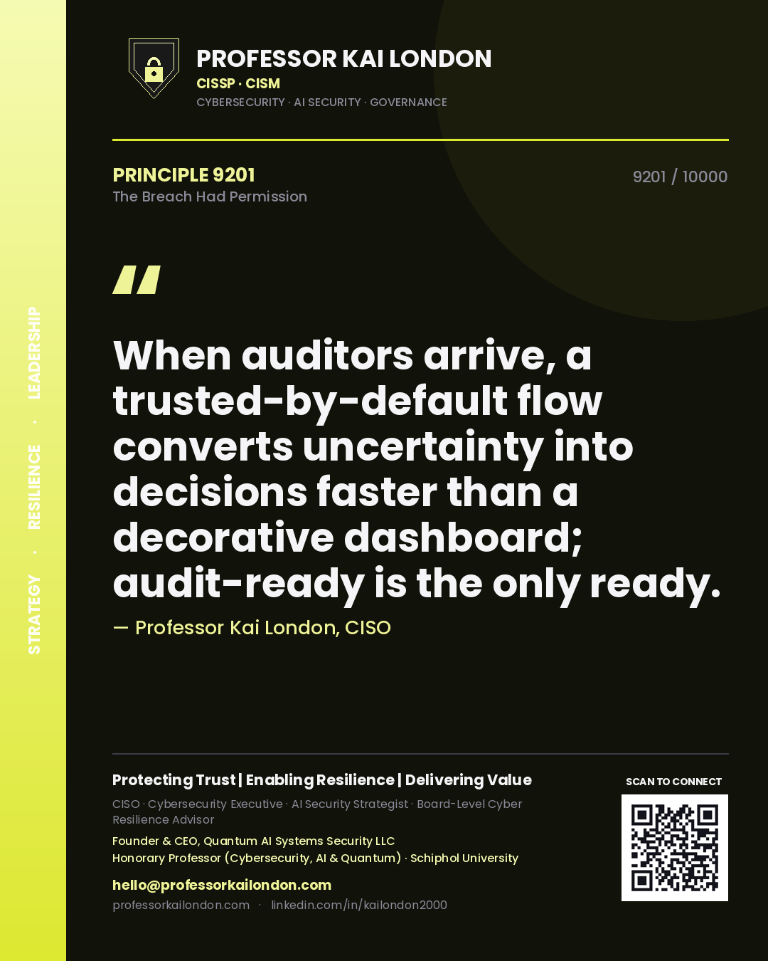 Professor Kai London principle 9201: When auditors arrive, a trusted-by-default flow converts uncertainty into decisions faster than a decorative dashboard; audit-ready is the only ready.