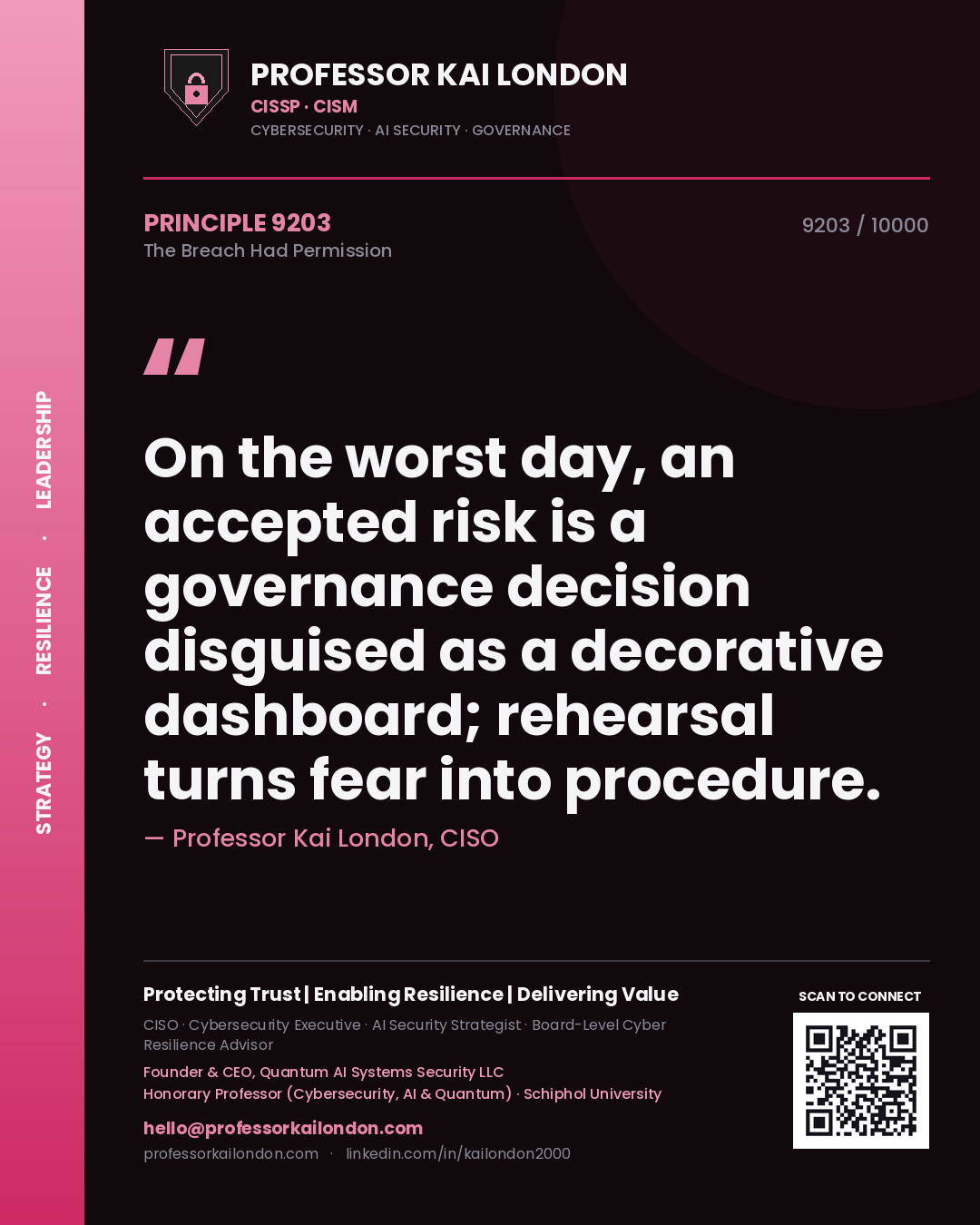 Quote card by Professor Kai London reading 'On the worst day, an accepted risk is a governance decision disguised as a decorative dashboard; rehearsal turns fear into procedure.'. From the book The Breach Had Permission.