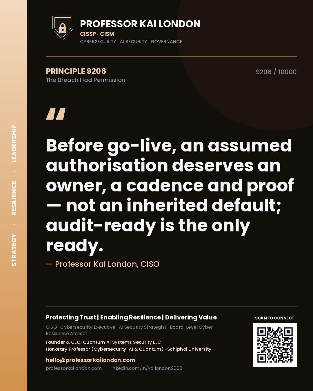Quote card by Professor Kai London reading 'Before go-live, an assumed authorisation deserves an owner, a cadence and proof — not an inherited default; audit-ready is the only ready.'. From the book The Breach Had Permission.