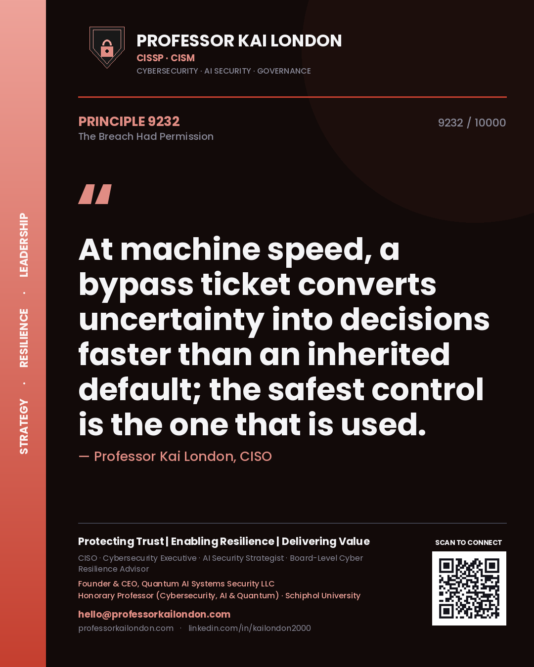 Quote card by Professor Kai London reading 'At machine speed, a bypass ticket converts uncertainty into decisions faster than an inherited default; the safest control is the one that is used.'. From the book The Breach Had Permission.