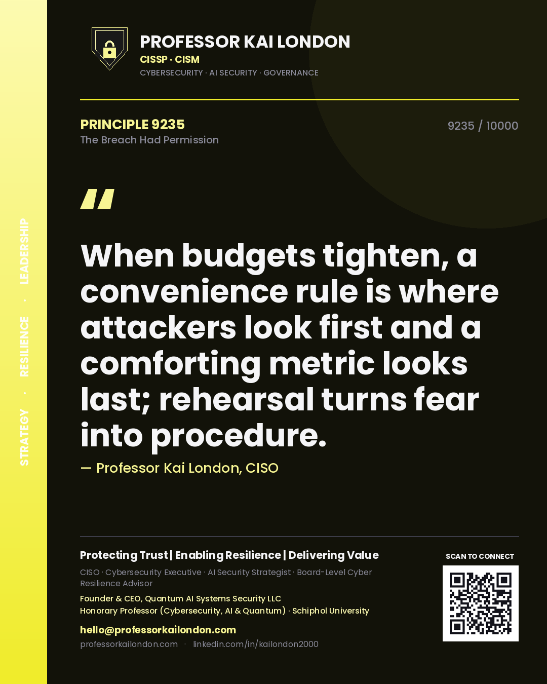 Professor Kai London principle 9235: When budgets tighten, a convenience rule is where attackers look first and a comforting metric looks last; rehearsal turns fear into procedure.
