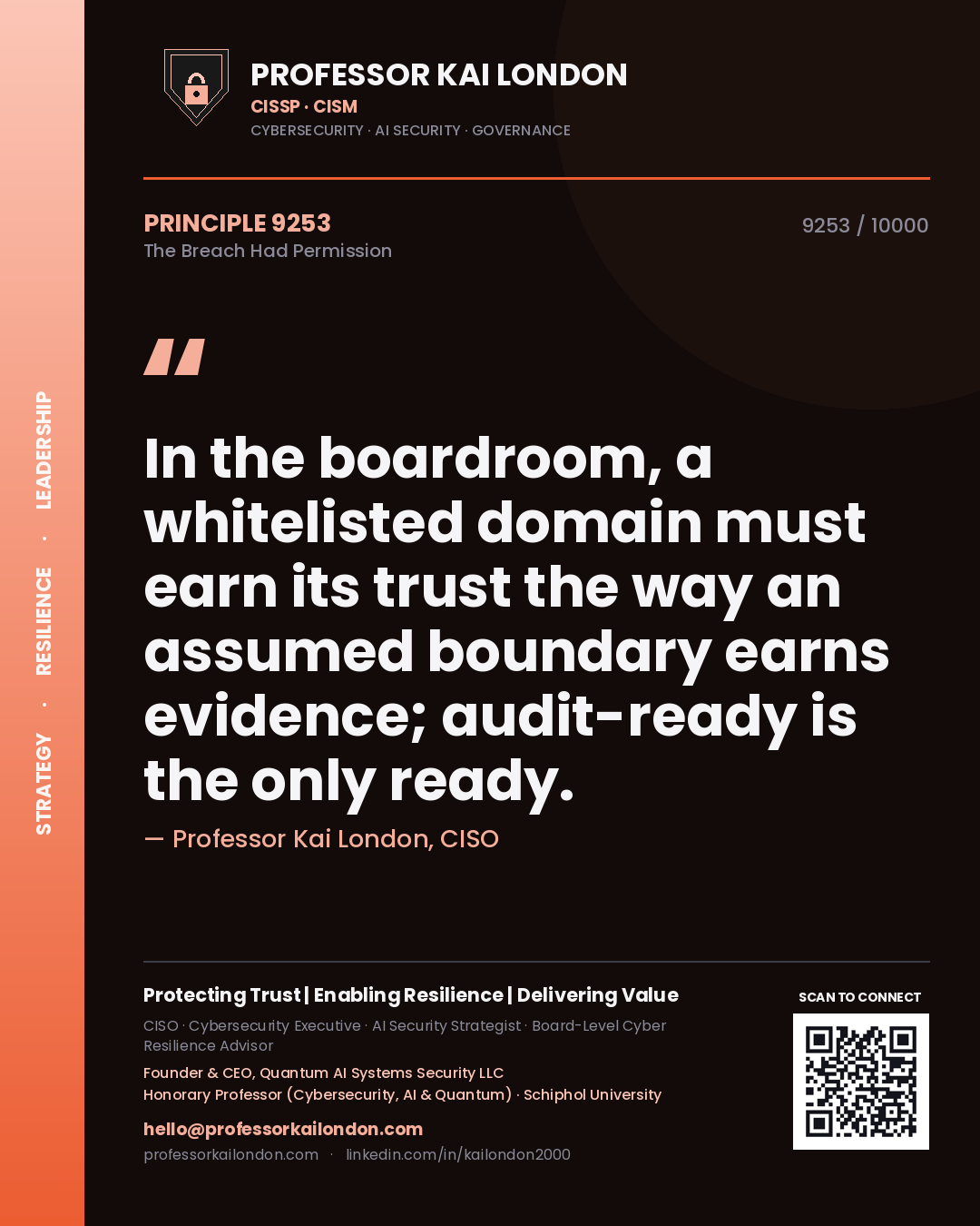 Professor Kai London principle 9253: In the boardroom, a whitelisted domain must earn its trust the way an assumed boundary earns evidence; audit-ready is the only ready.