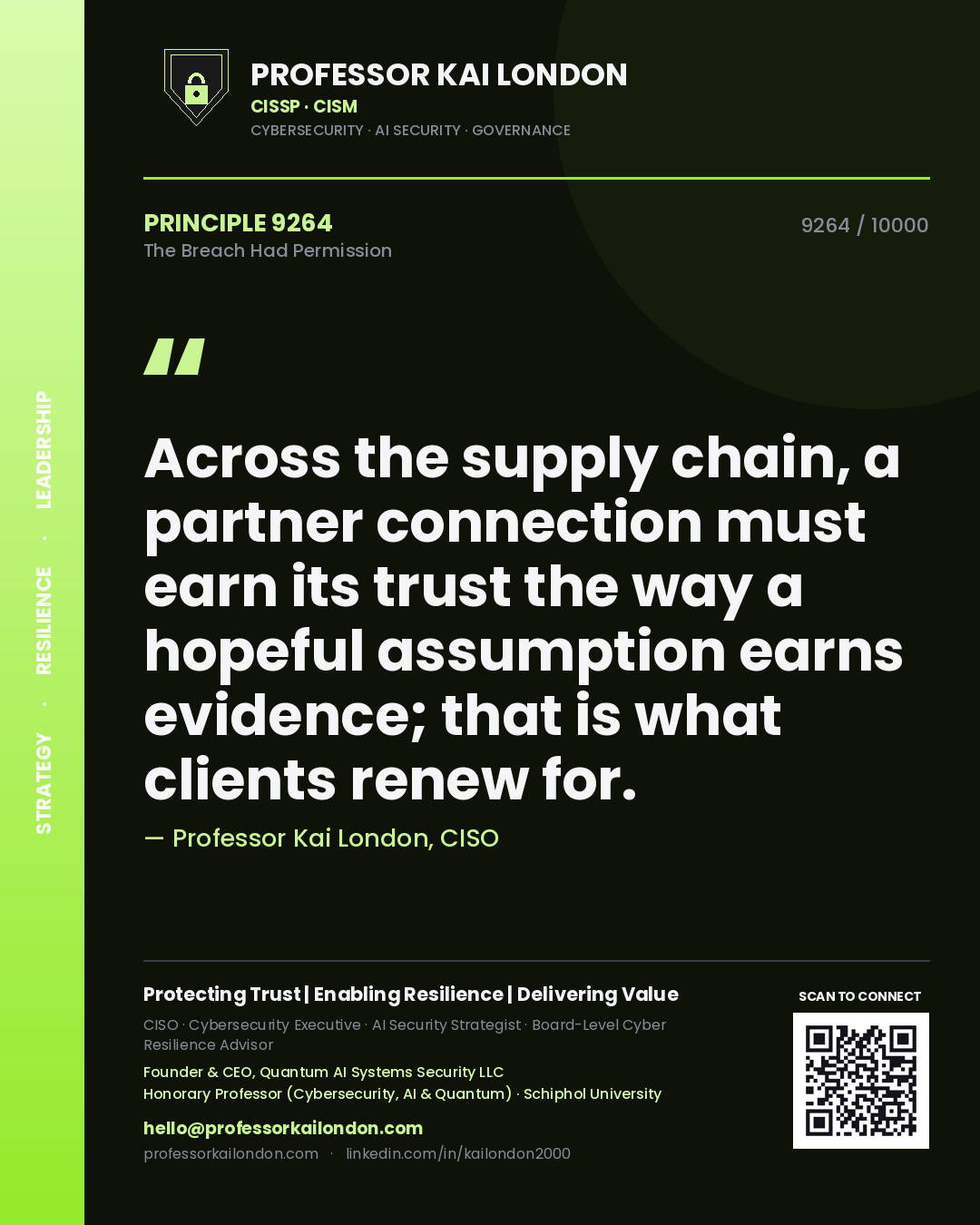 Quote card by Professor Kai London reading 'Across the supply chain, a partner connection must earn its trust the way a hopeful assumption earns evidence; that is what clients renew for.'. From the book The Breach Had Permission.