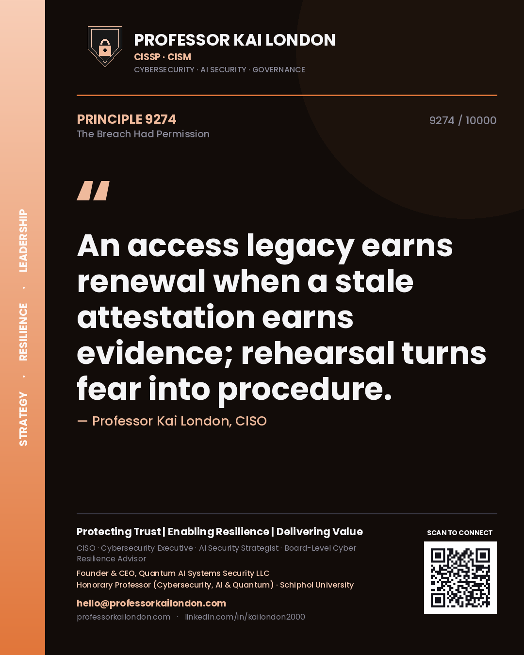 Quote card by Professor Kai London reading 'An access legacy earns renewal when a stale attestation earns evidence; rehearsal turns fear into procedure.'. From the book The Breach Had Permission.