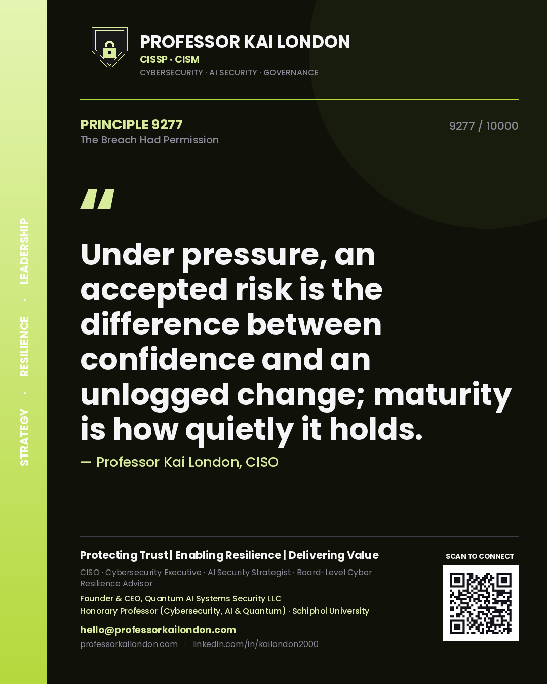 Quote card by Professor Kai London reading 'Under pressure, an accepted risk is the difference between confidence and an unlogged change; maturity is how quietly it holds.'. From the book The Breach Had Permission.