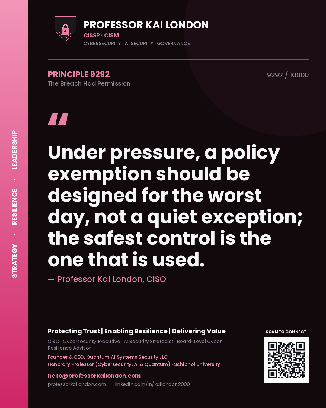Quote card by Professor Kai London reading 'Under pressure, a policy exemption should be designed for the worst day, not a quiet exception; the safest control is the one that is used.'. From the book The Breach Had Permission.