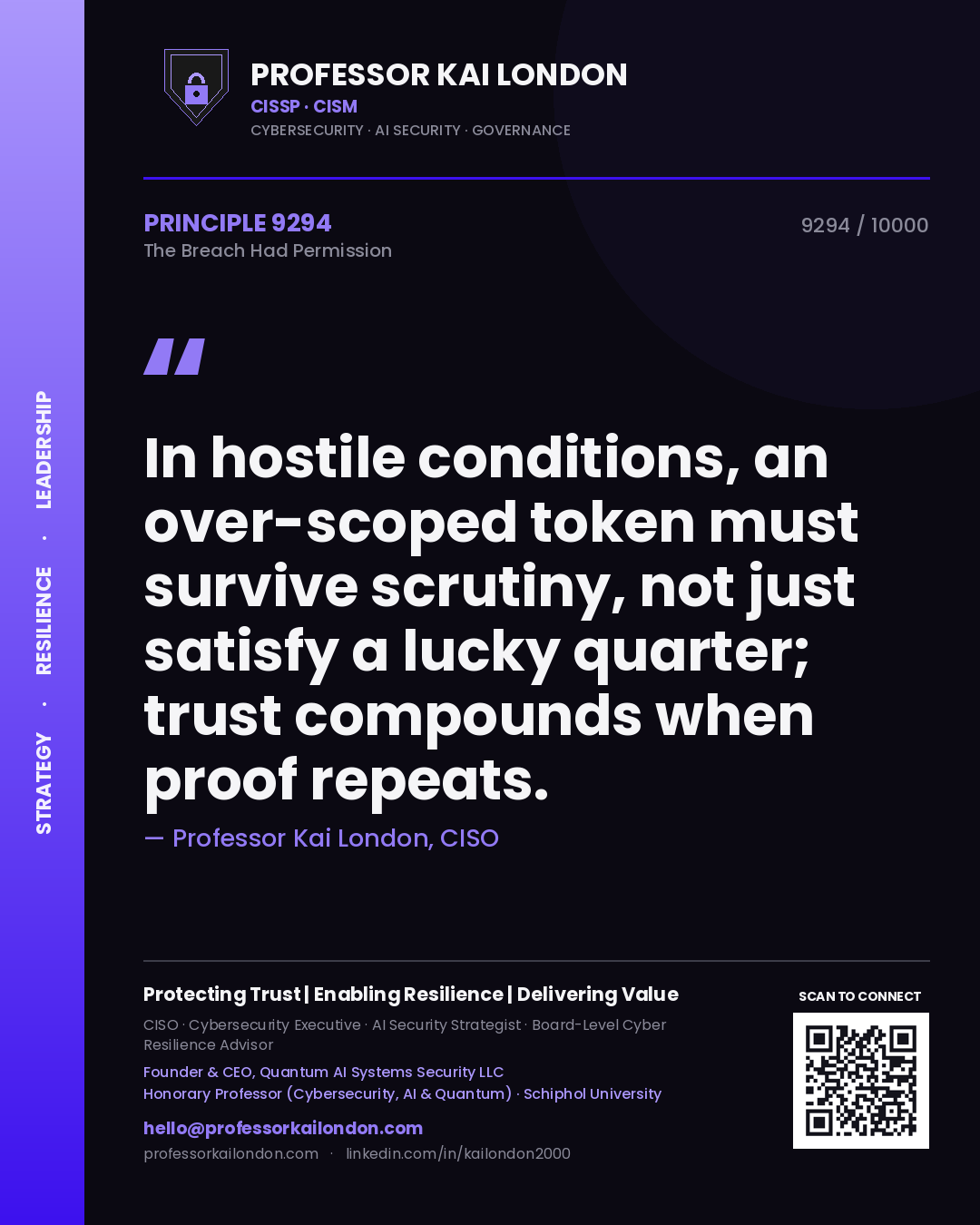 Quote card by Professor Kai London reading 'In hostile conditions, an over-scoped token must survive scrutiny, not just satisfy a lucky quarter; trust compounds when proof repeats.'. From the book The Breach Had Permission.
