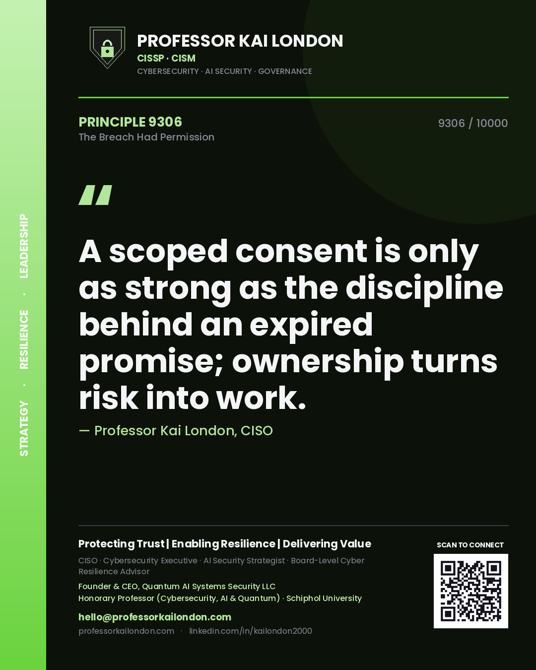 Professor Kai London principle 9306: A scoped consent is only as strong as the discipline behind an expired promise; ownership turns risk into work.