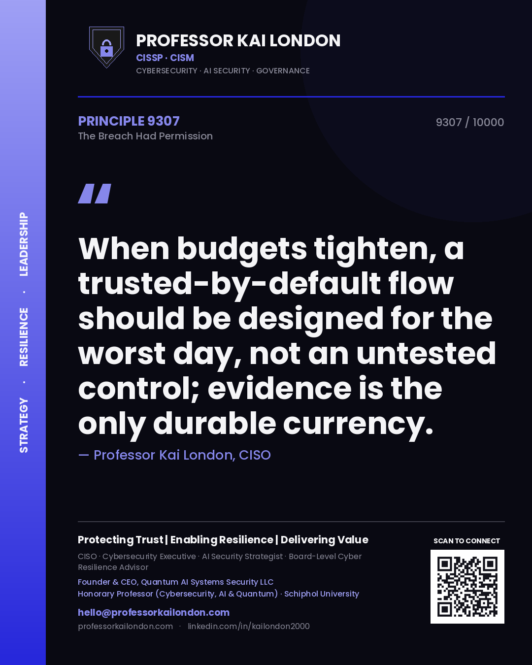 Quote card by Professor Kai London reading 'When budgets tighten, a trusted-by-default flow should be designed for the worst day, not an untested control; evidence is the only durable currency.'. From the book The Breach Had Permission.