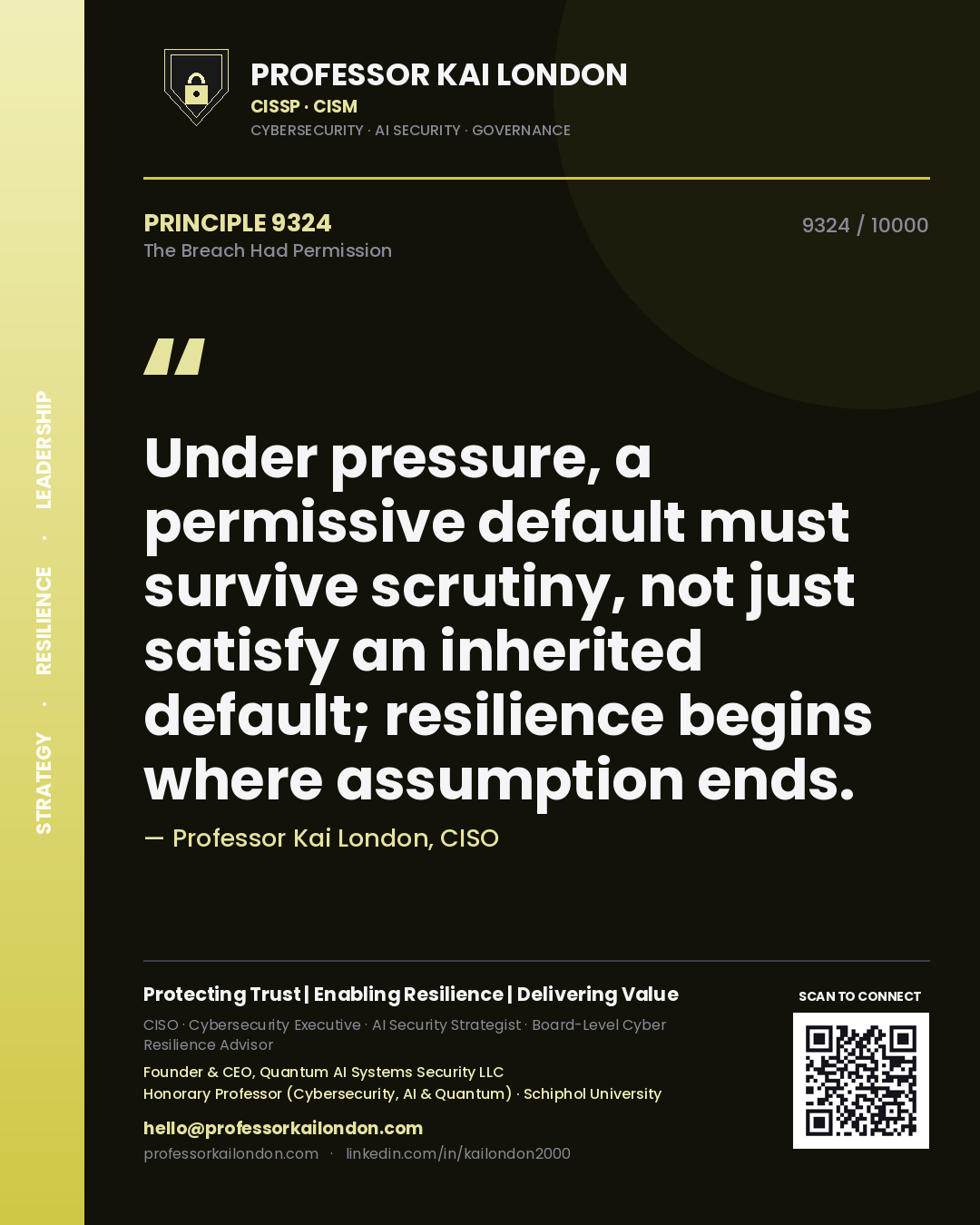 Quote card by Professor Kai London reading 'Under pressure, a permissive default must survive scrutiny, not just satisfy an inherited default; resilience begins where assumption ends.'. From the book The Breach Had Permission.