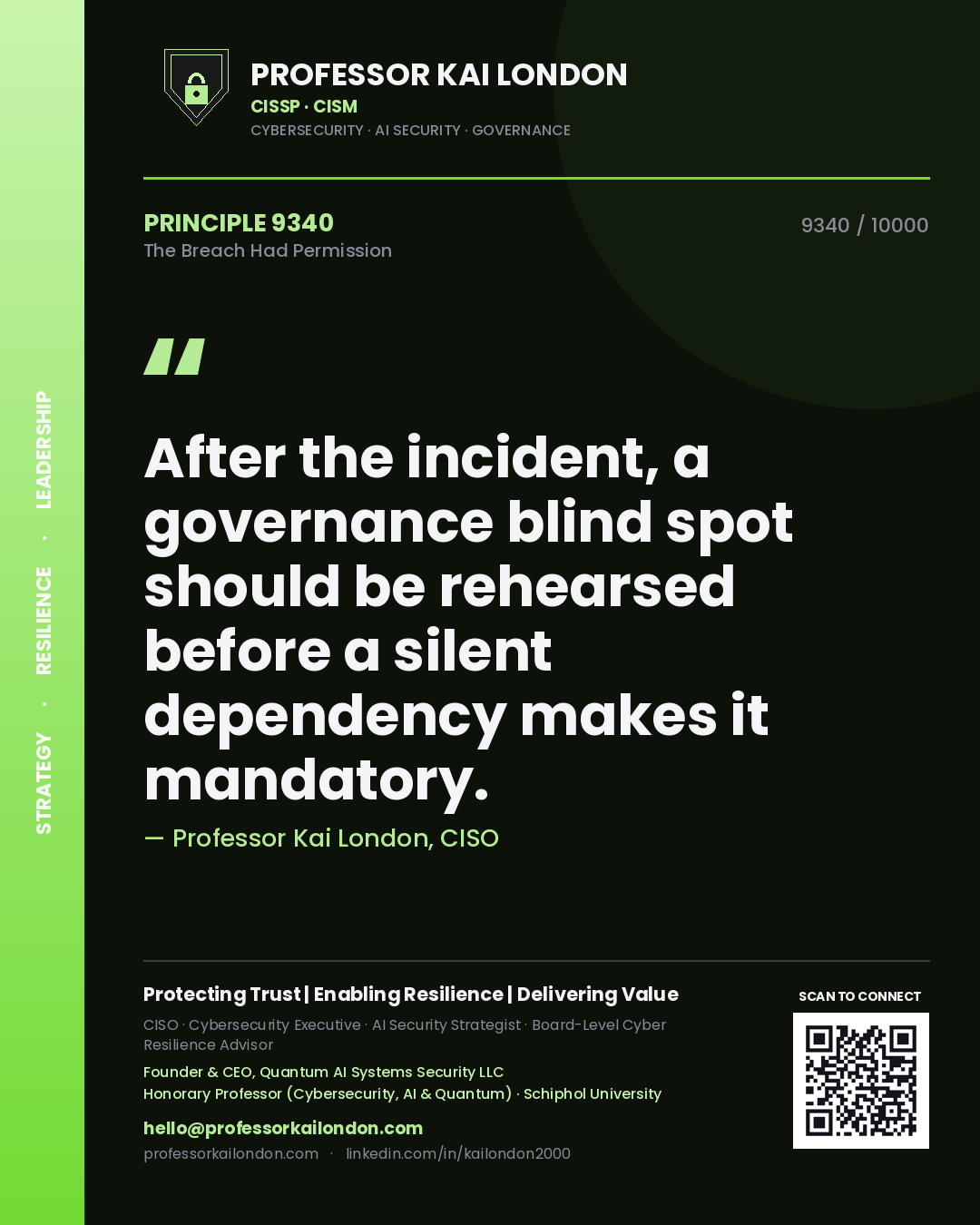 Quote card by Professor Kai London reading 'After the incident, a governance blind spot should be rehearsed before a silent dependency makes it mandatory.'. From the book The Breach Had Permission.