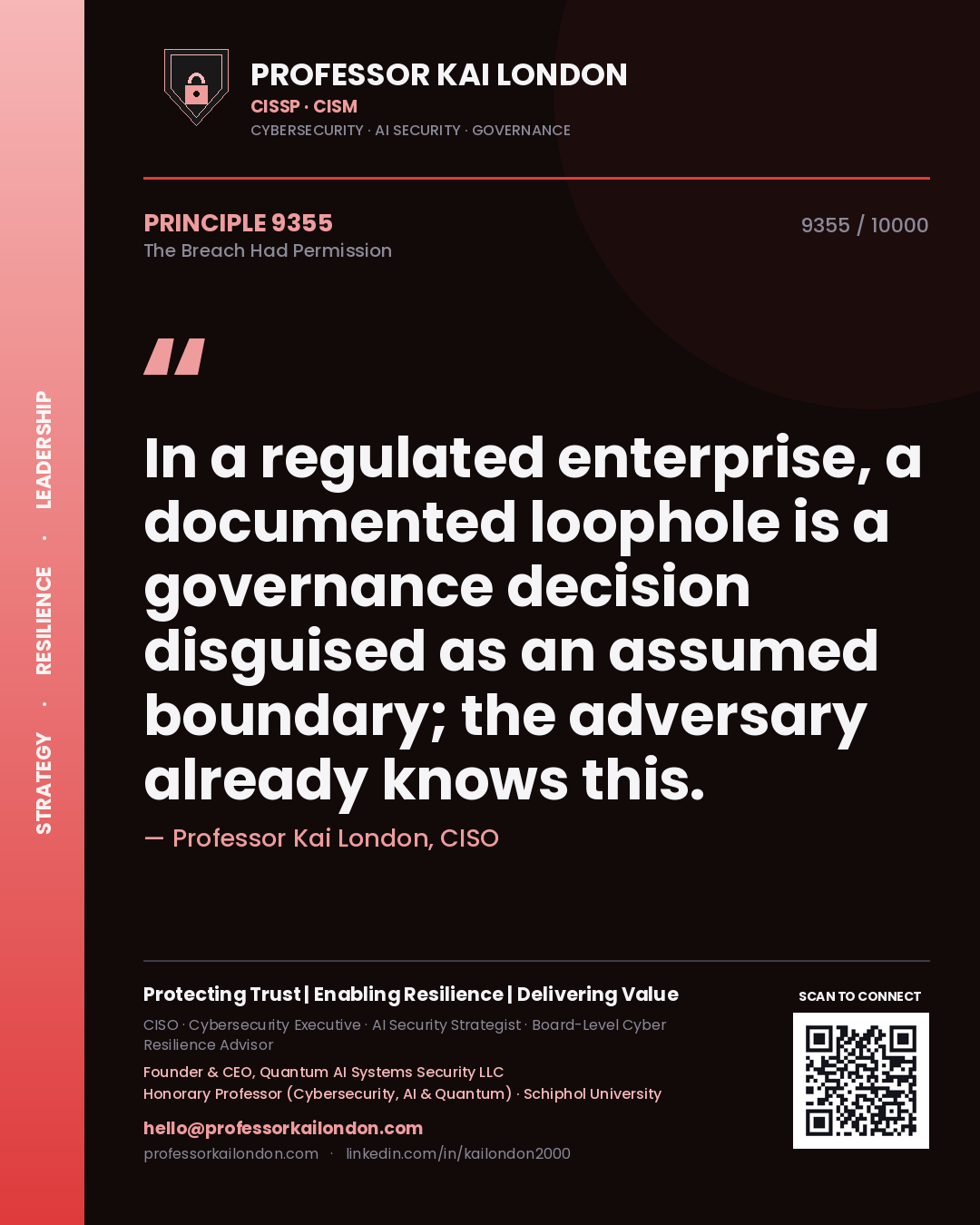 Quote card by Professor Kai London reading 'In a regulated enterprise, a documented loophole is a governance decision disguised as an assumed boundary; the adversary already knows this.'. From the book The Breach Had Permission.